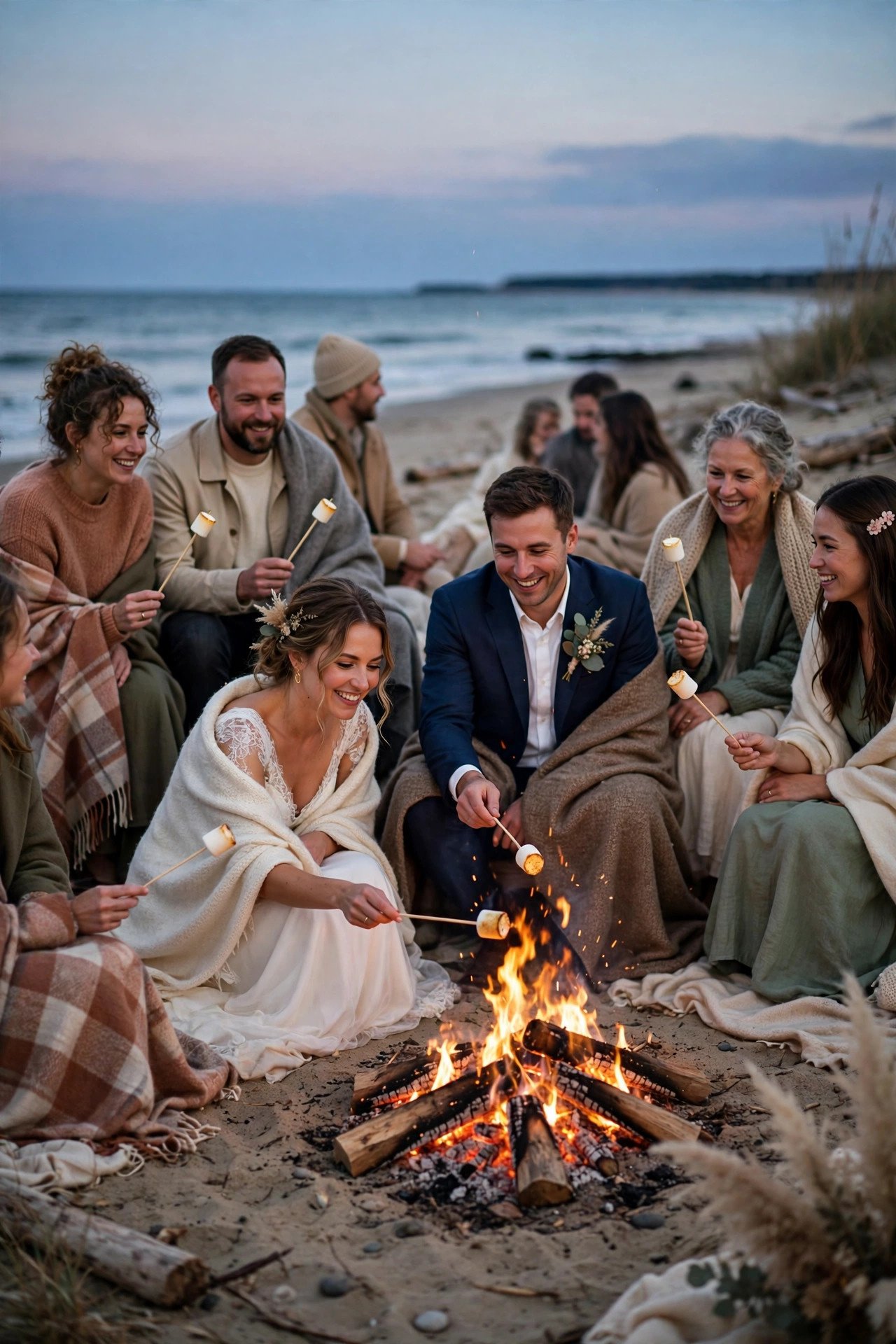 Guests enjoying a wedding welcome party: Gather Everyone Around a Beach Bonfire
