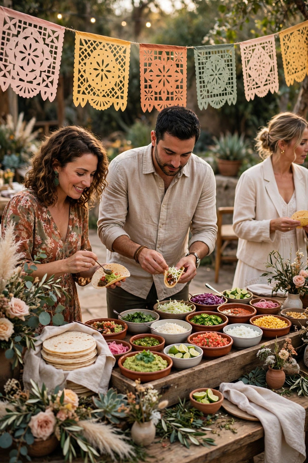 Guests enjoying a wedding welcome party: Build a Taco Bar Fiesta Welcome