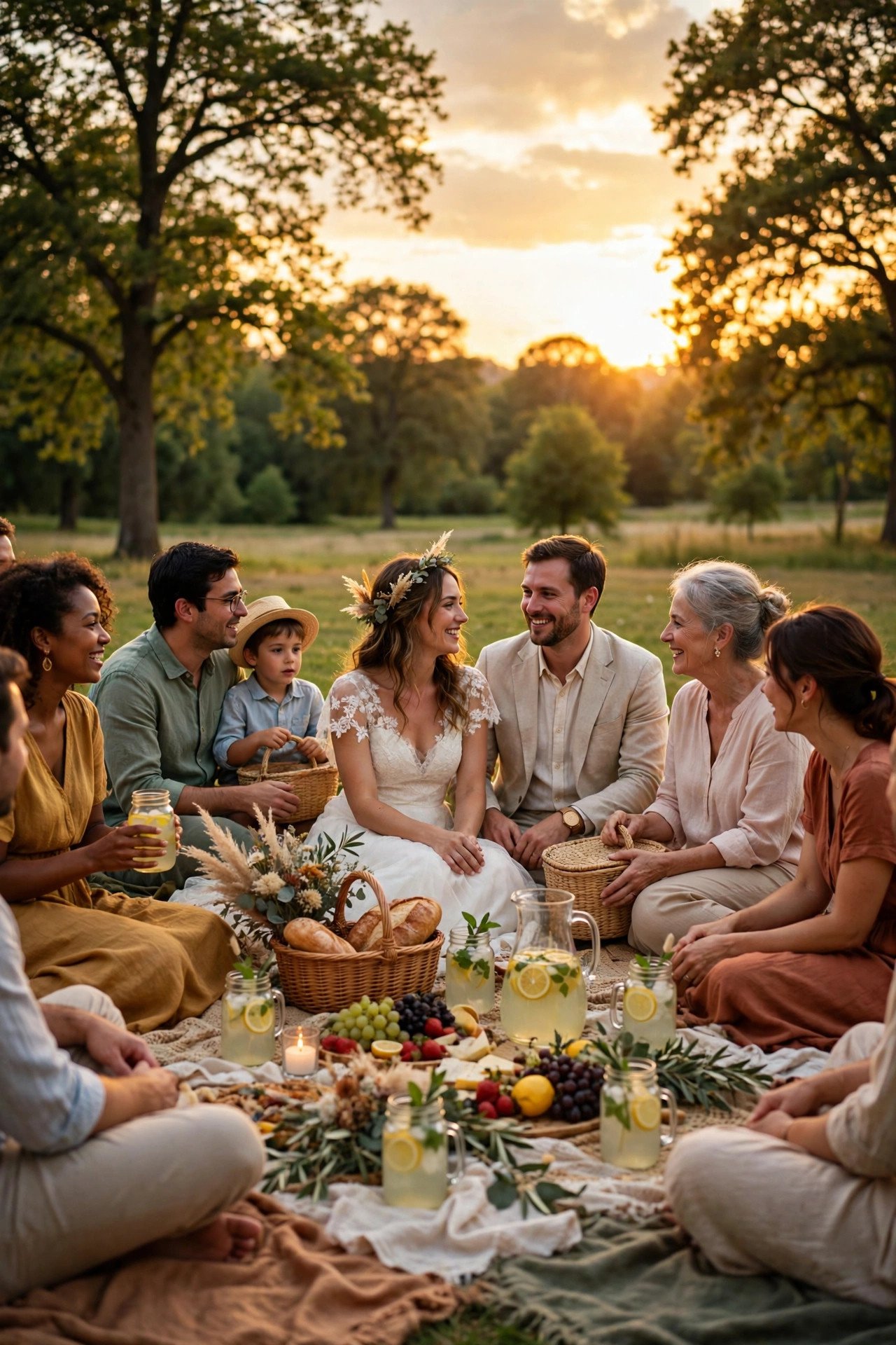 Guests enjoying a wedding welcome party: Plan a Sunset Picnic Welcome in a Scenic Park