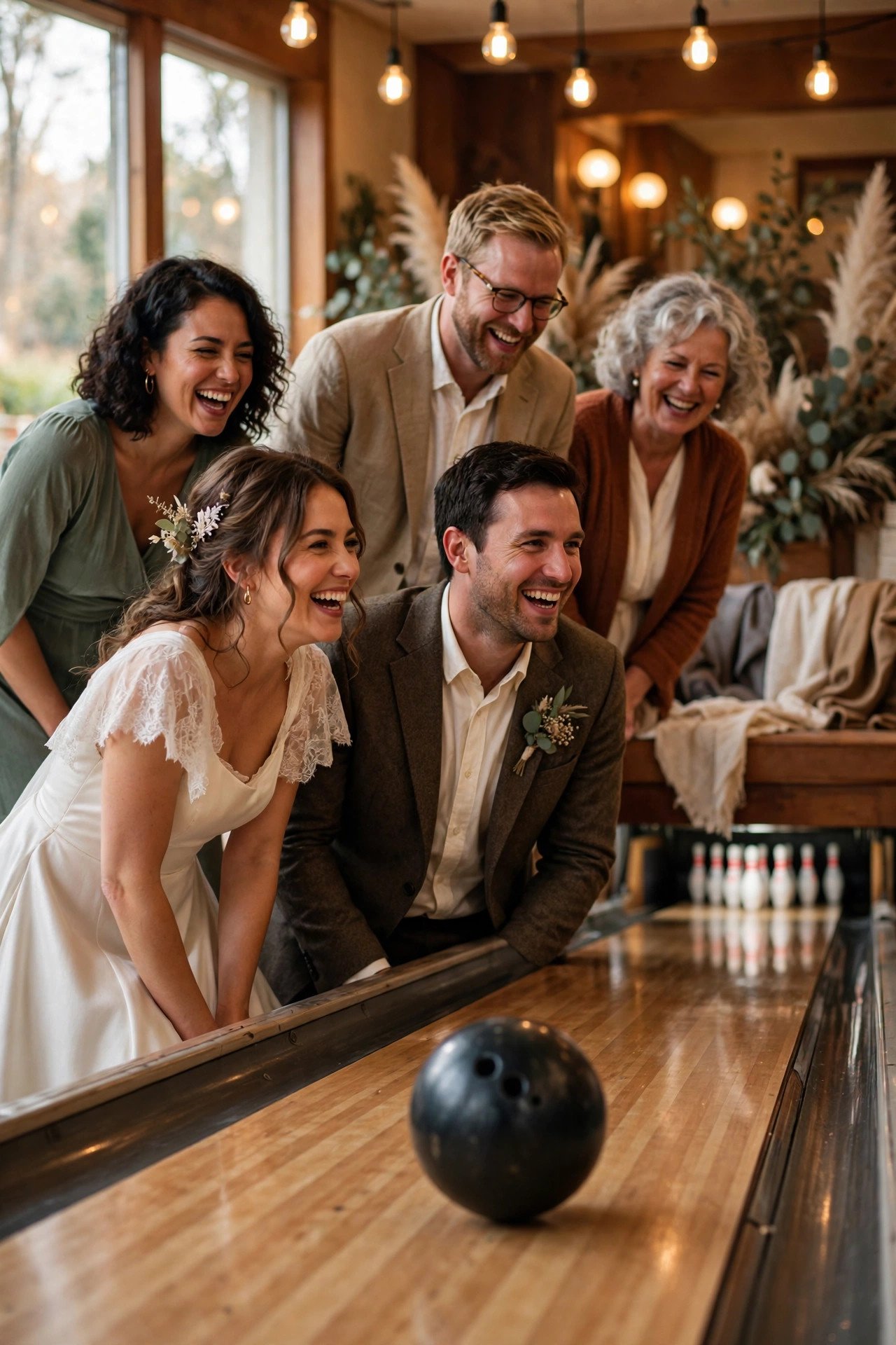 Guests enjoying a wedding welcome party: Book a Bowling or Arcade Welcome Night