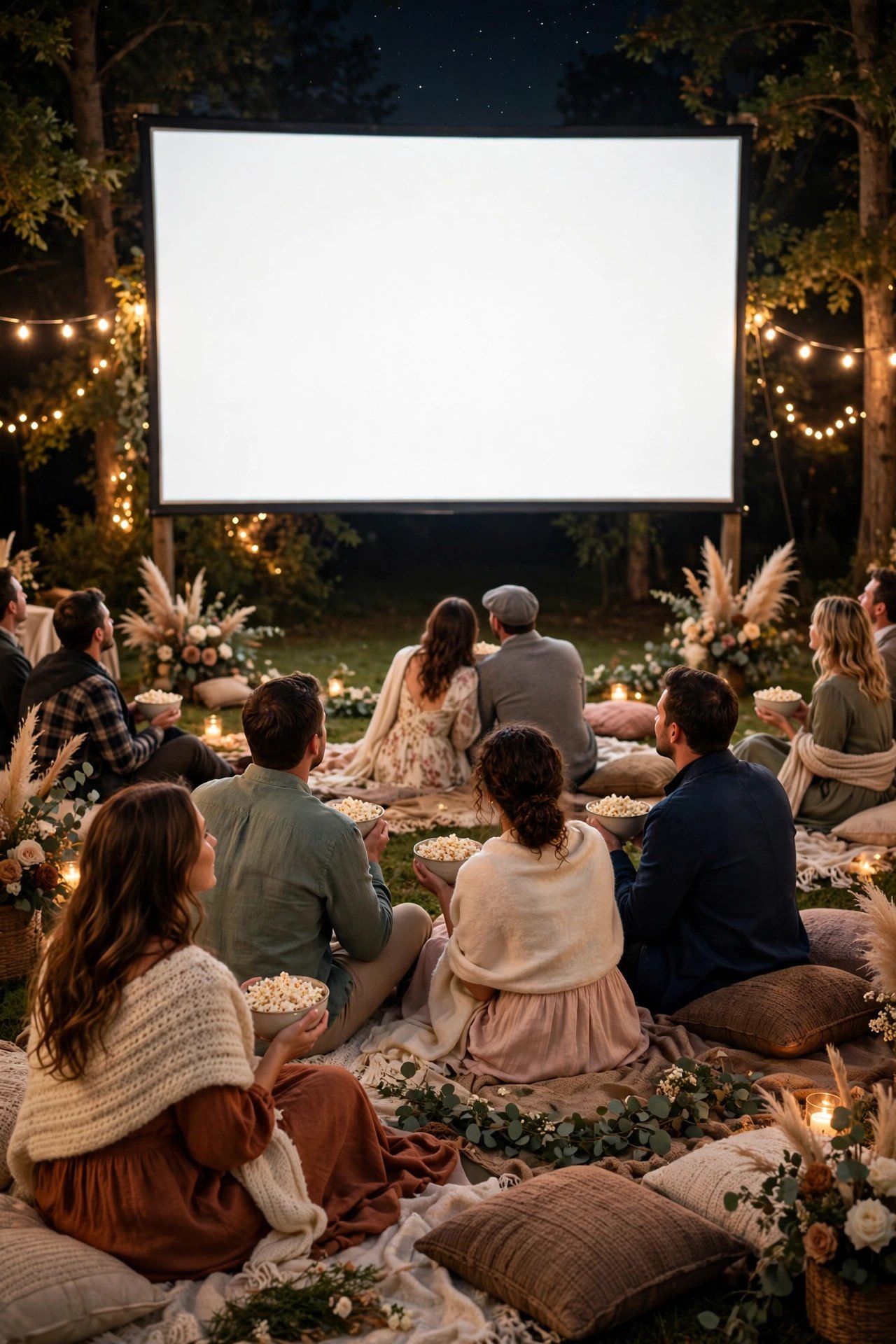 Guests enjoying a wedding welcome party: Host a Movie-Under-the-Stars Welcome