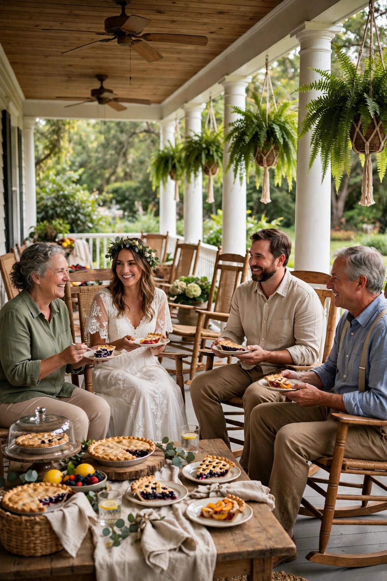 Guests enjoying a wedding welcome party: Host a Porch-and-Pie Welcome on a Southern-Style Veranda