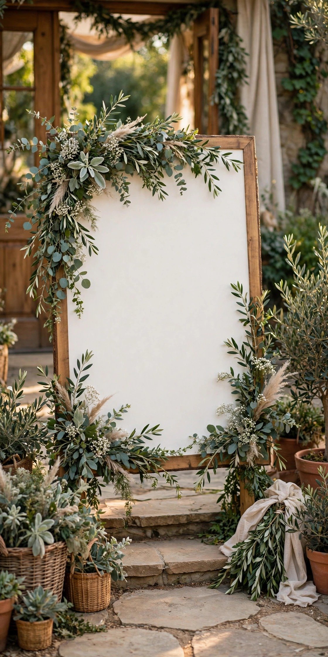 Oversized wedding welcome sign decorated with fresh greenery at a party entrance