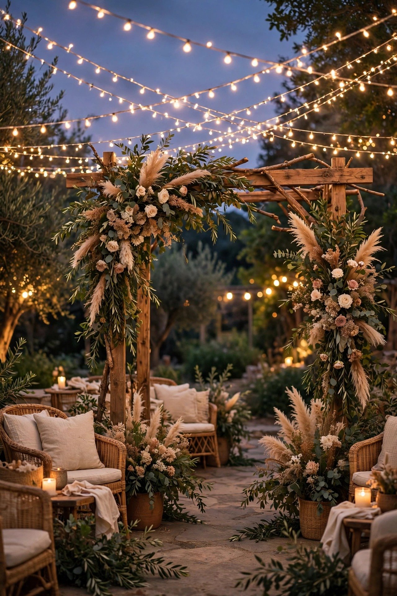 String light canopy glowing over a wedding welcome party entry at dusk