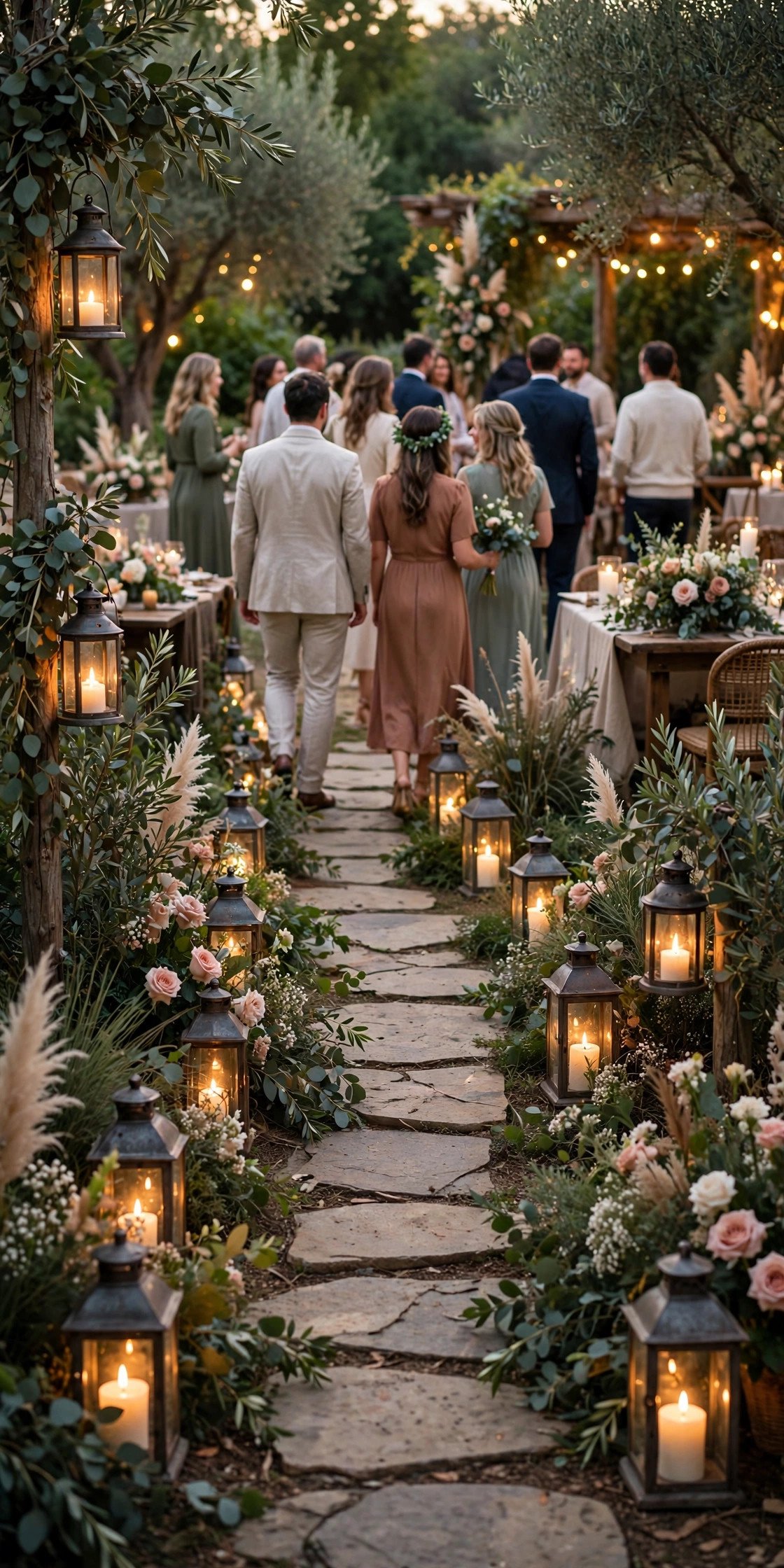 Candlelit pathway with lanterns guiding guests to a wedding welcome party