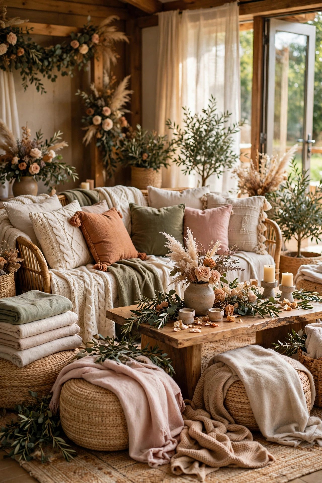 Cozy lounge seating with pillows and blankets at a wedding welcome party
