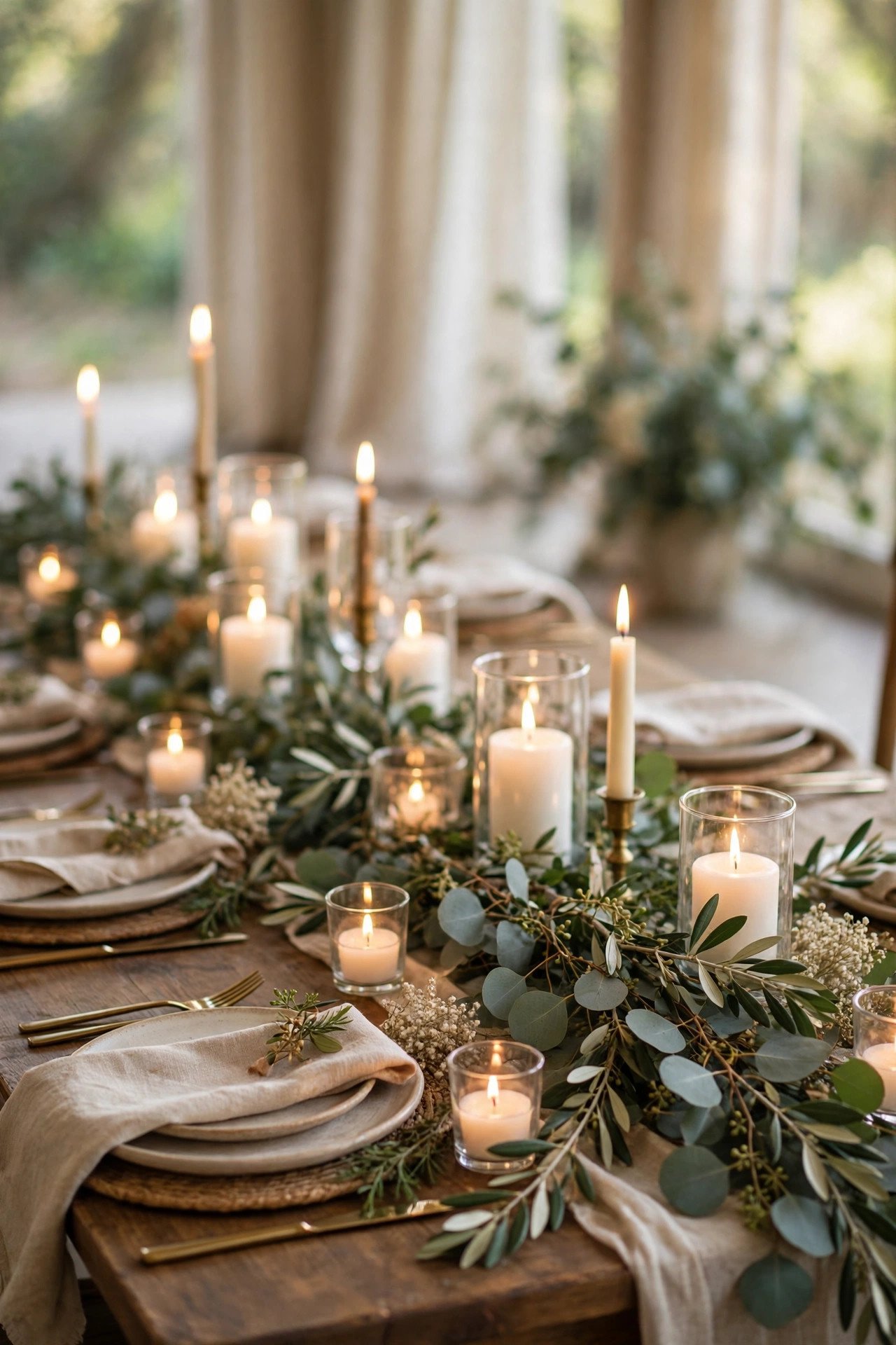 Candle and eucalyptus table runners at a wedding welcome party