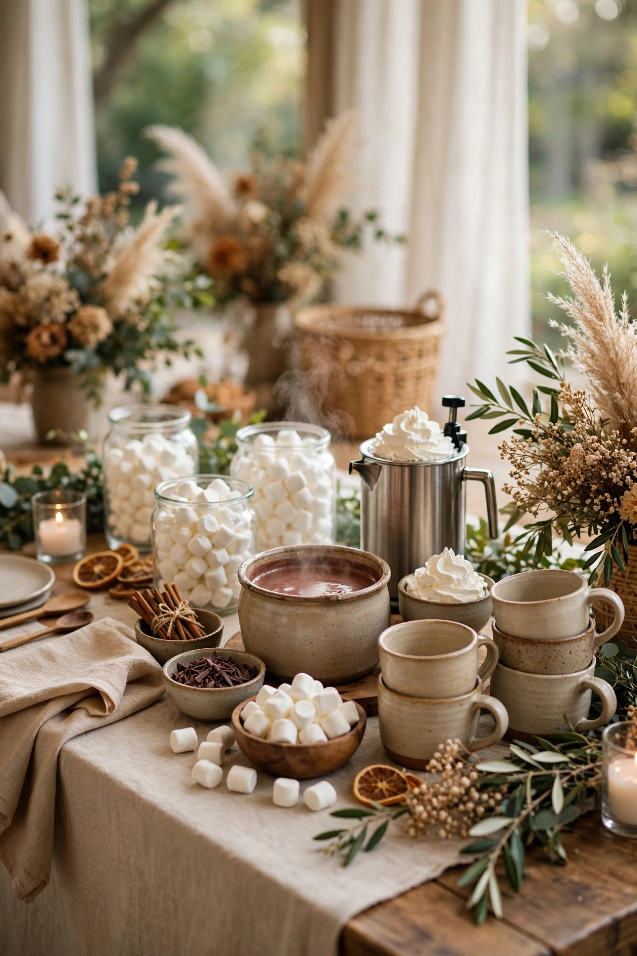 Hot cocoa bar with marshmallows and whipped cream at a wedding welcome party