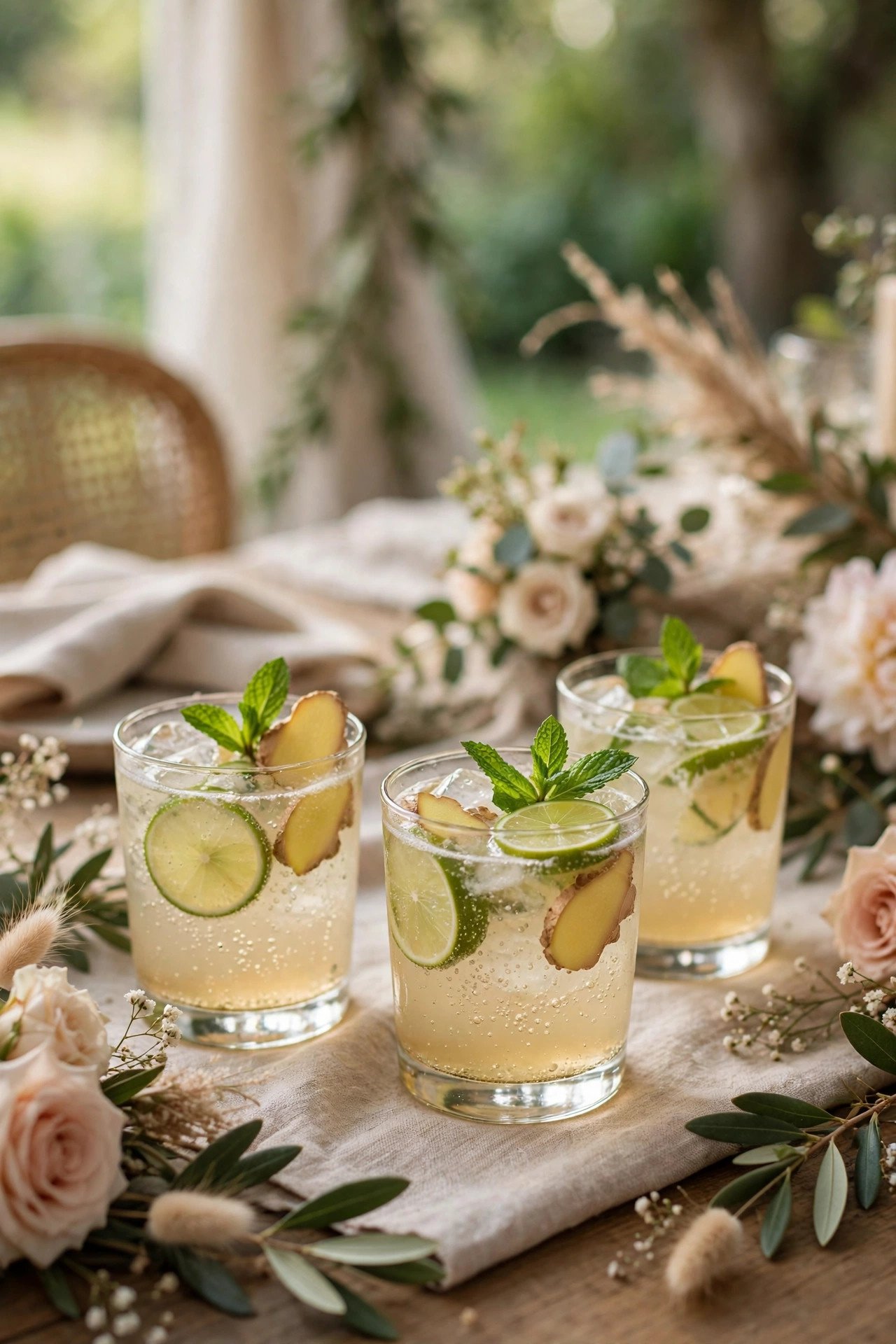 Ginger and lime sparkling mocktails garnished with mint at a wedding