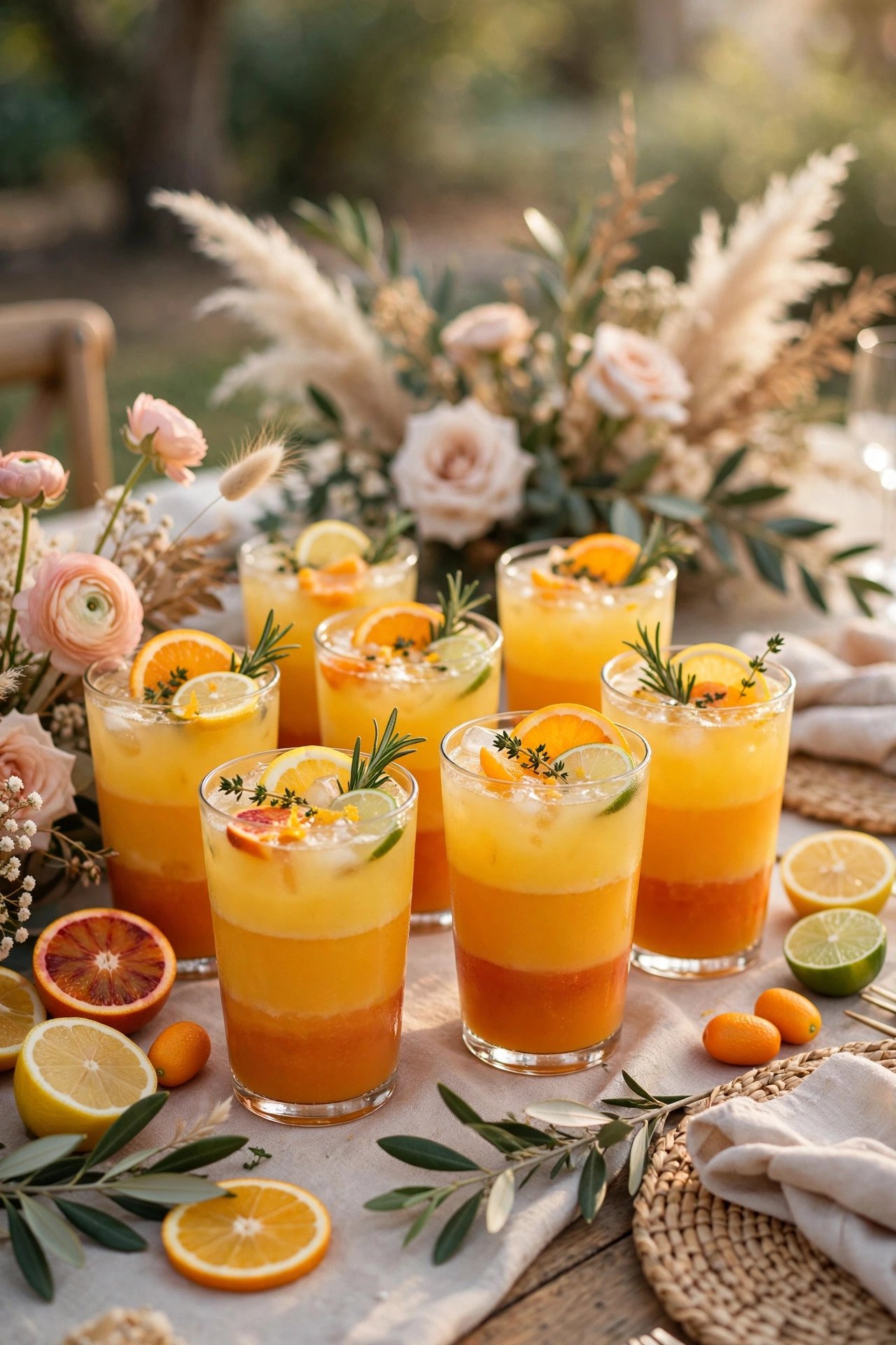 Layered citrus sunrise juice cups at a wedding welcome party