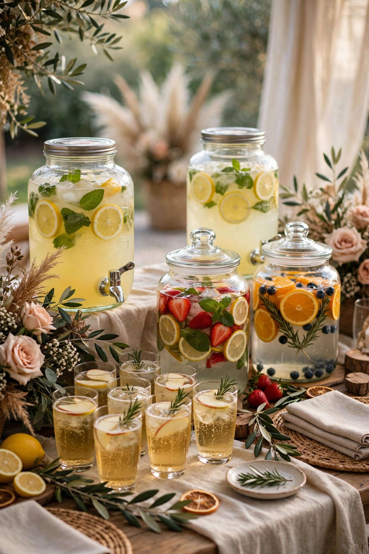 Wedding welcome drink station with sparkling cider, lemonade dispensers and infused water jars