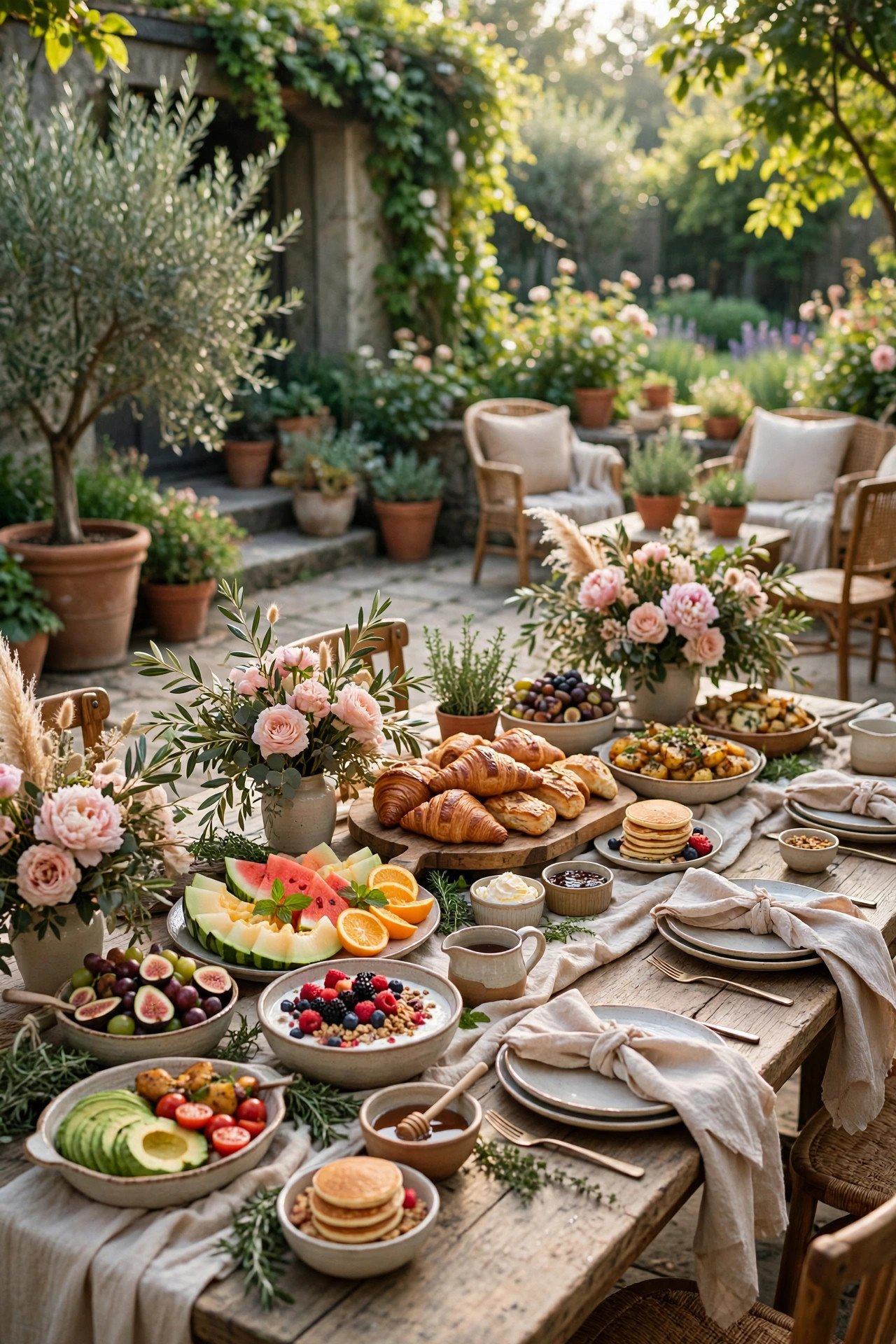 Garden terrace brunch buffet with morning light at a wedding weekend