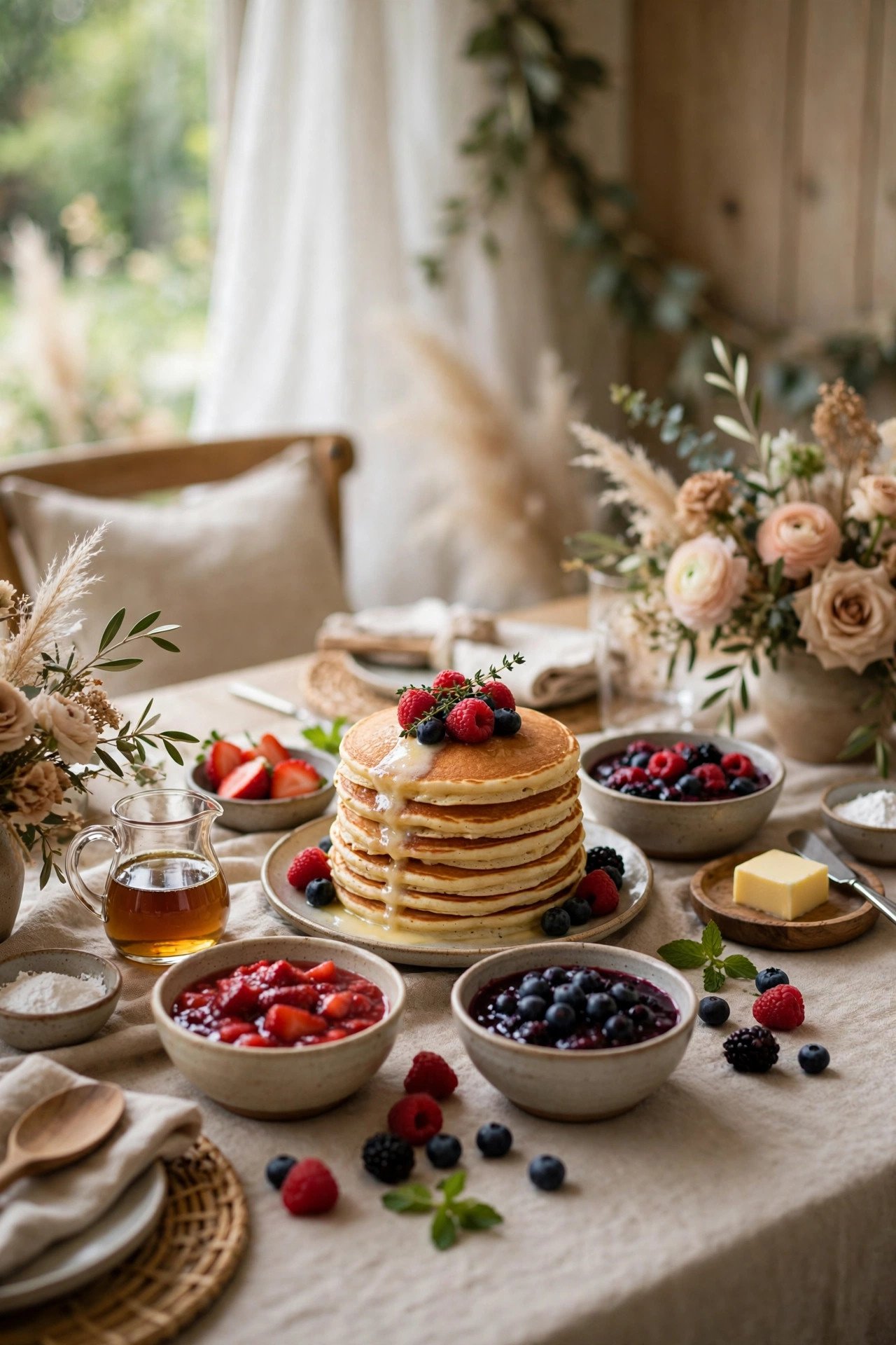 Pancake stack station with berry compotes at a post-wedding brunch
