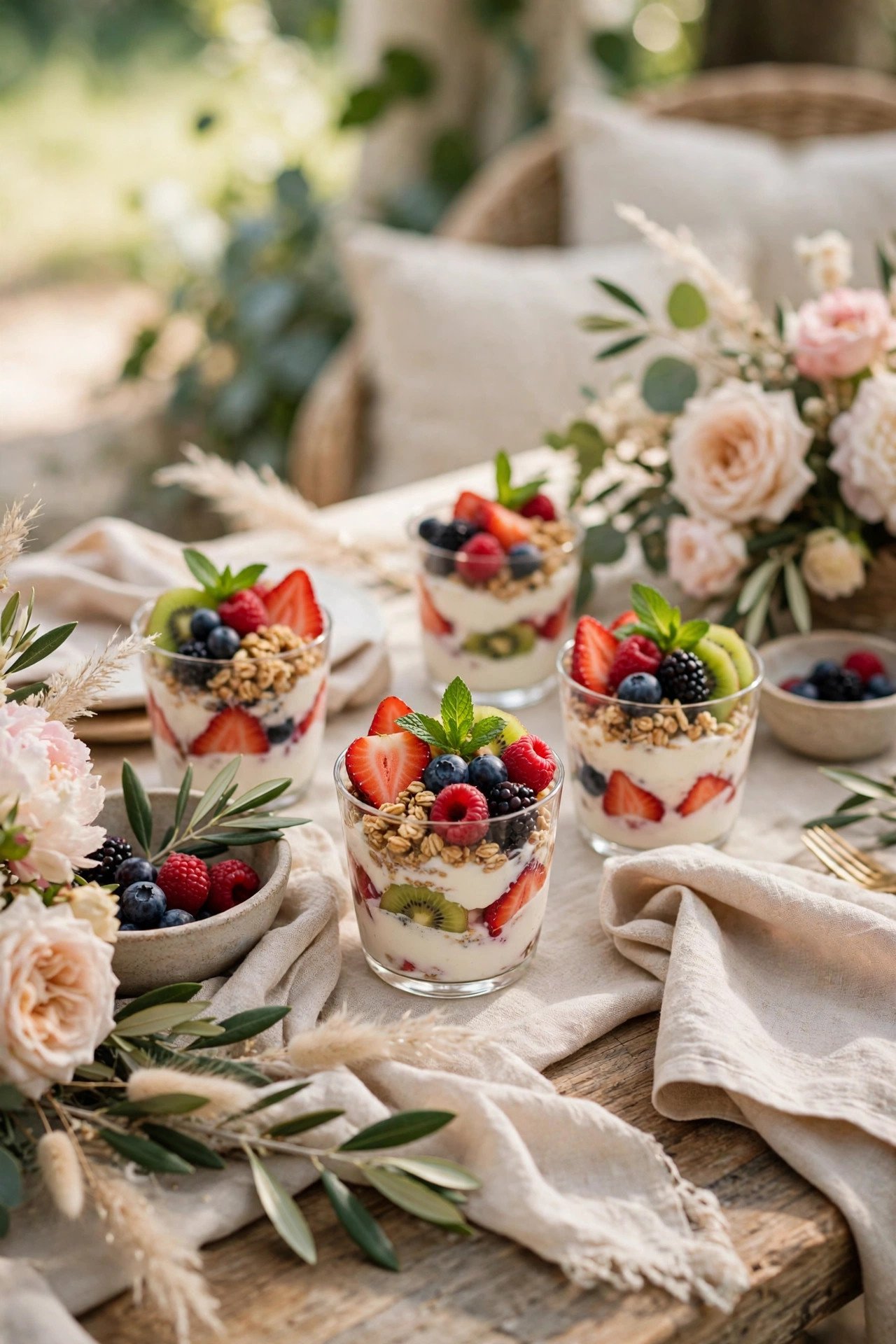 Fresh fruit and yogurt parfait cups at a post-wedding brunch