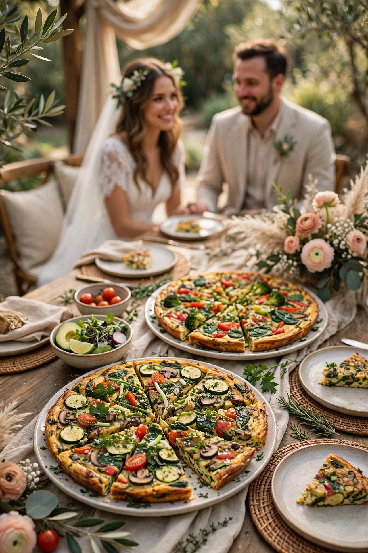 Egg and vegetable frittata platters at a post-wedding brunch
