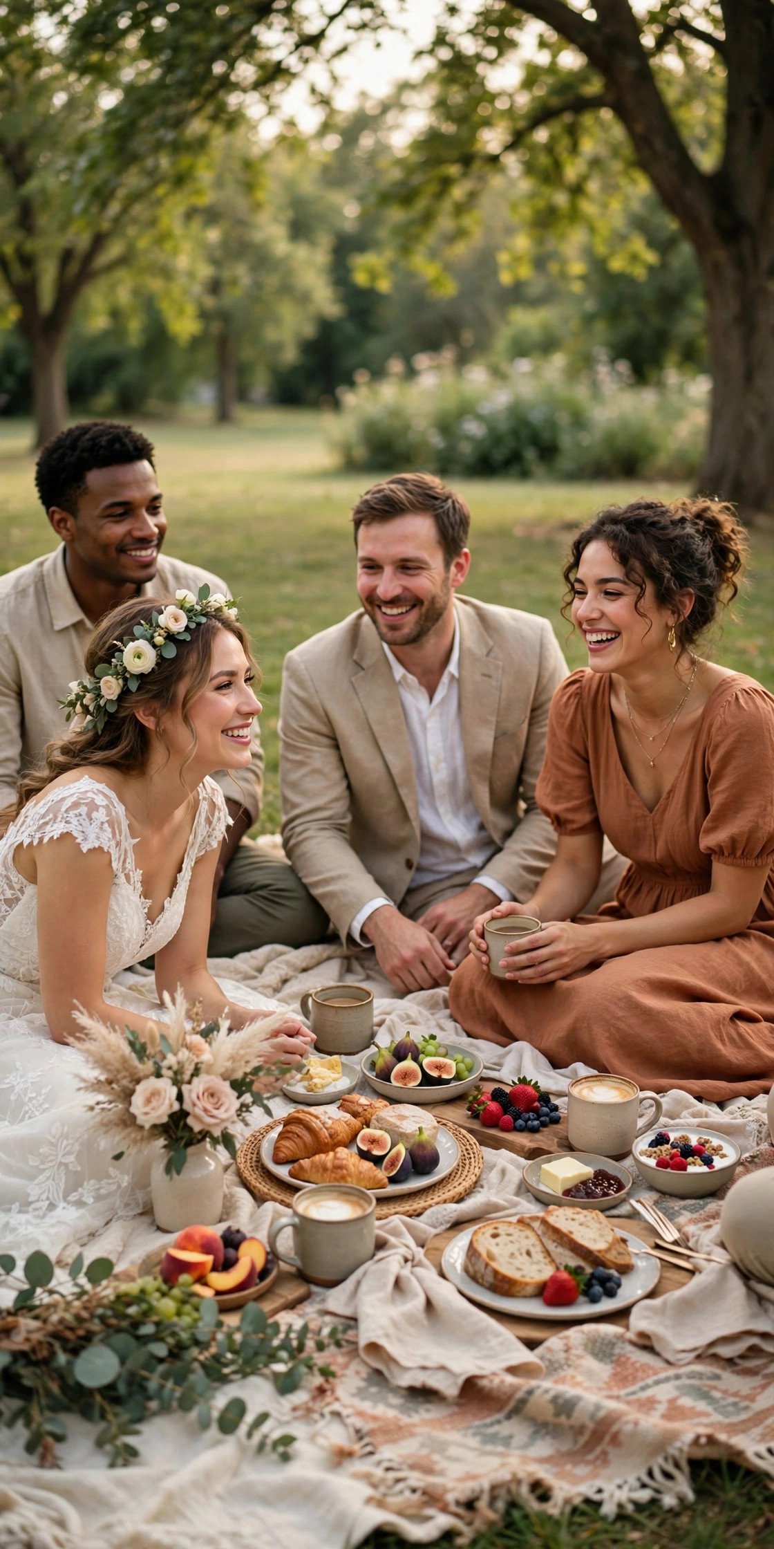 Outdoor picnic brunch on blankets after a wedding