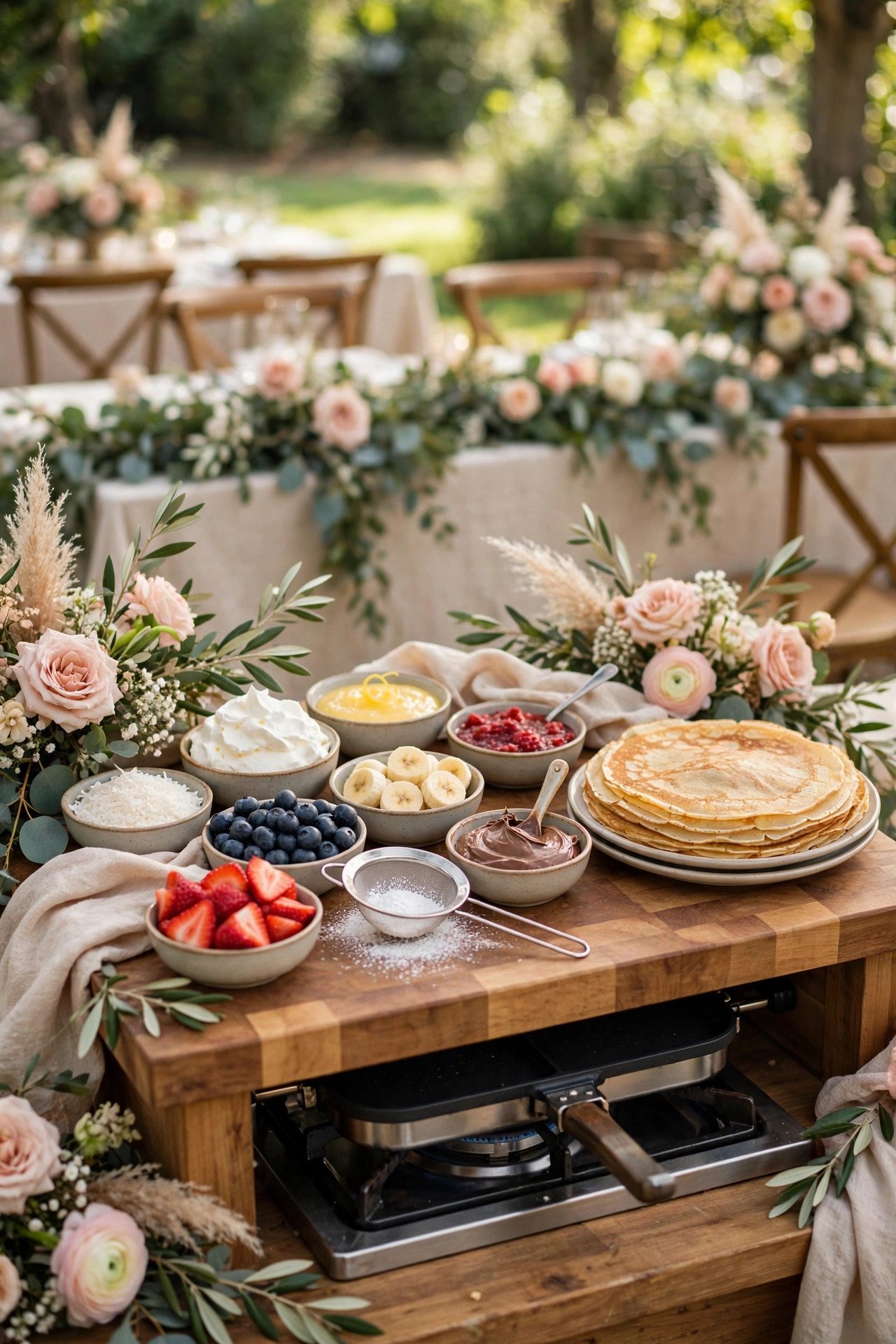 Crepe station with sweet fillings at a post-wedding brunch