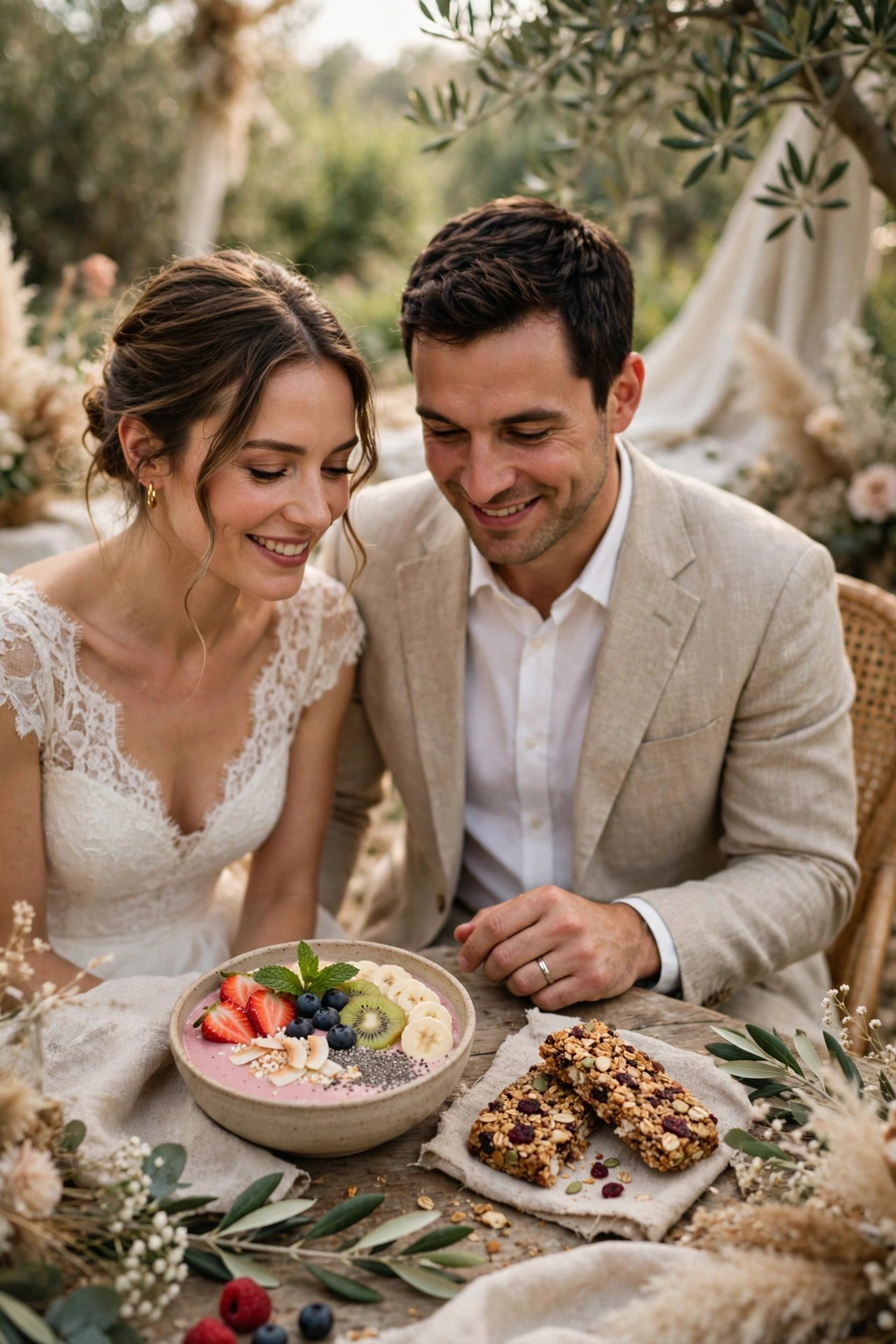 Smoothie bowl and granola bar at a post-wedding brunch