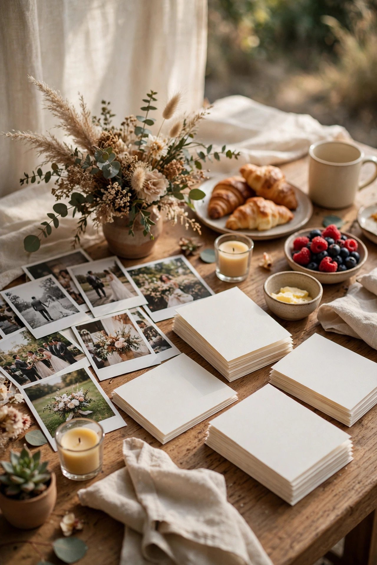Photo memory table with thank-you notes at a post-wedding brunch