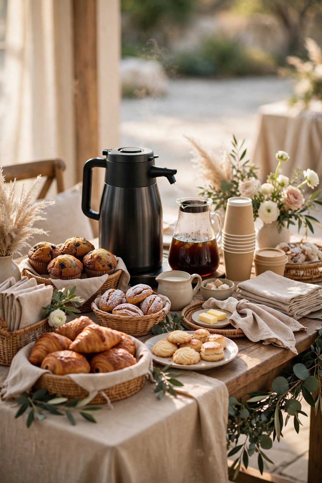 Grab-and-go pastry and coffee farewell station at a wedding brunch