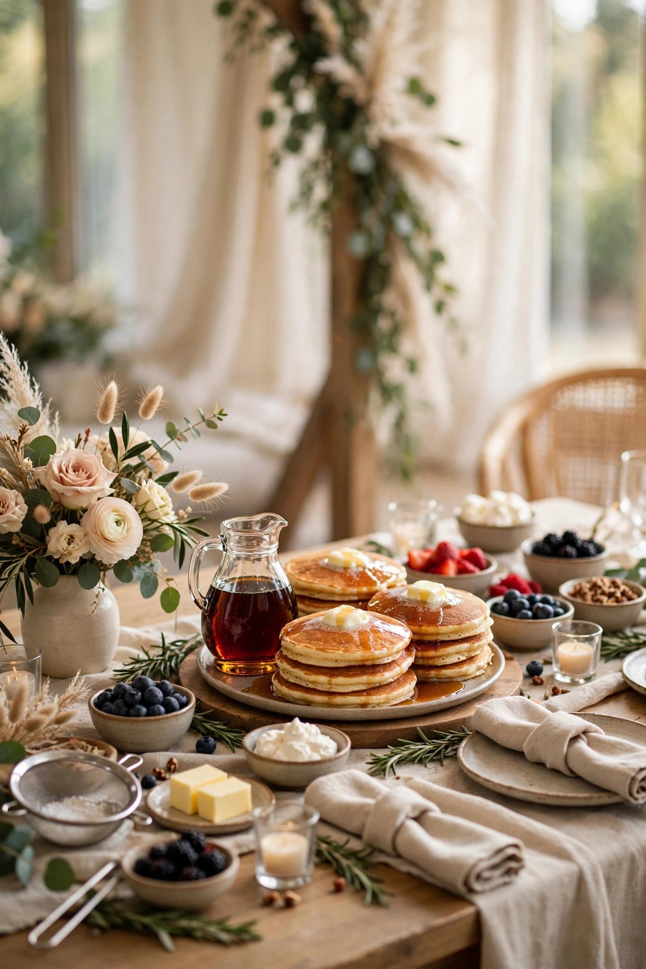 Pancake and maple syrup farewell bar at a wedding brunch