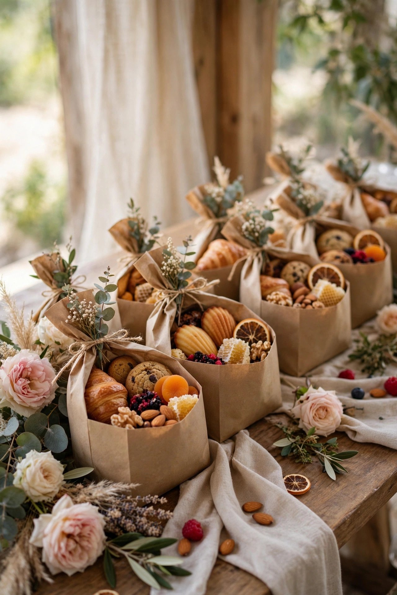 Brunch favor bags with local treats at a wedding farewell