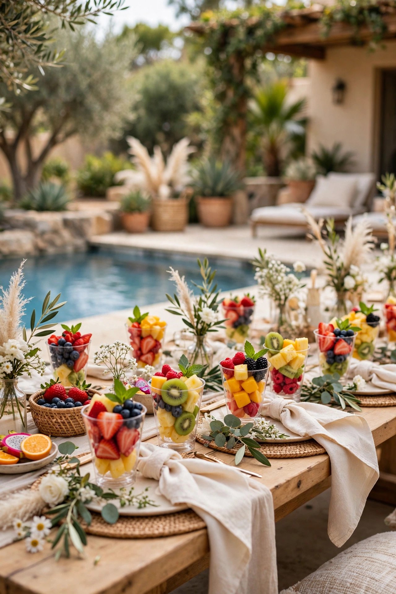 Poolside farewell brunch with fruit cups at a wedding