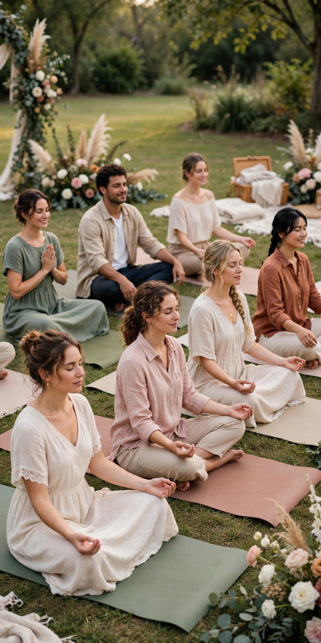 Group yoga on the lawn during a wedding weekend