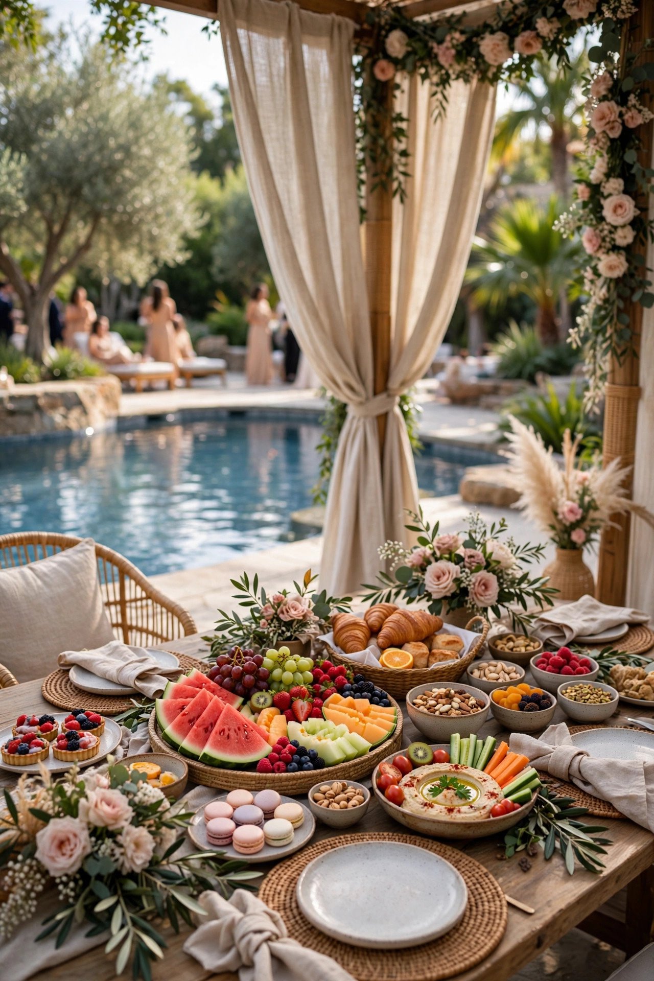 Pool afternoon with cabana snacks for wedding guests