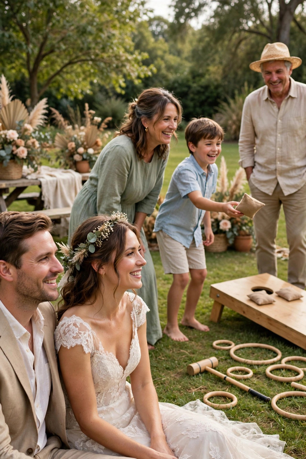 Family lawn games tournament at a wedding weekend