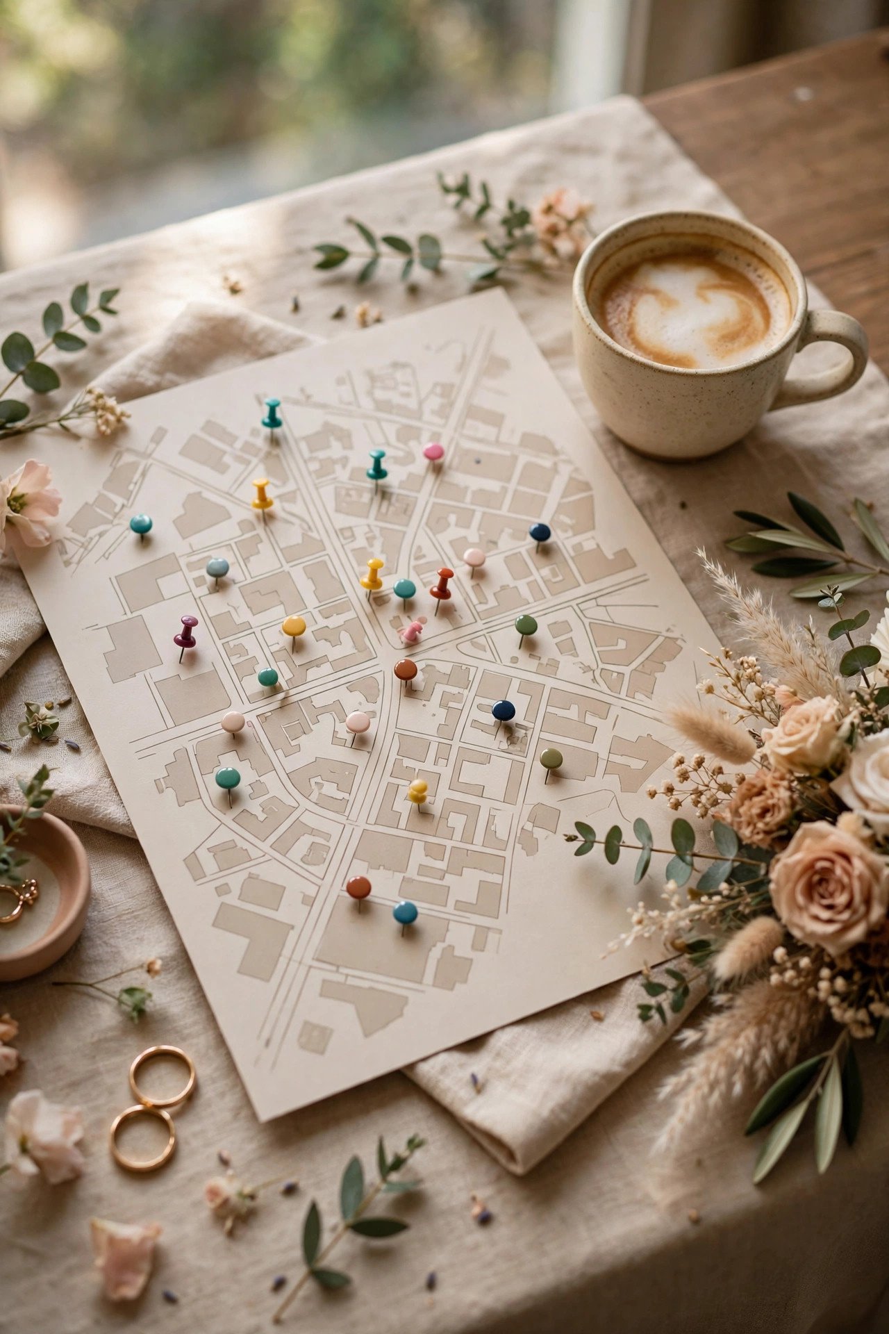 Neighborhood map with coffee and pharmacy pins for wedding guests