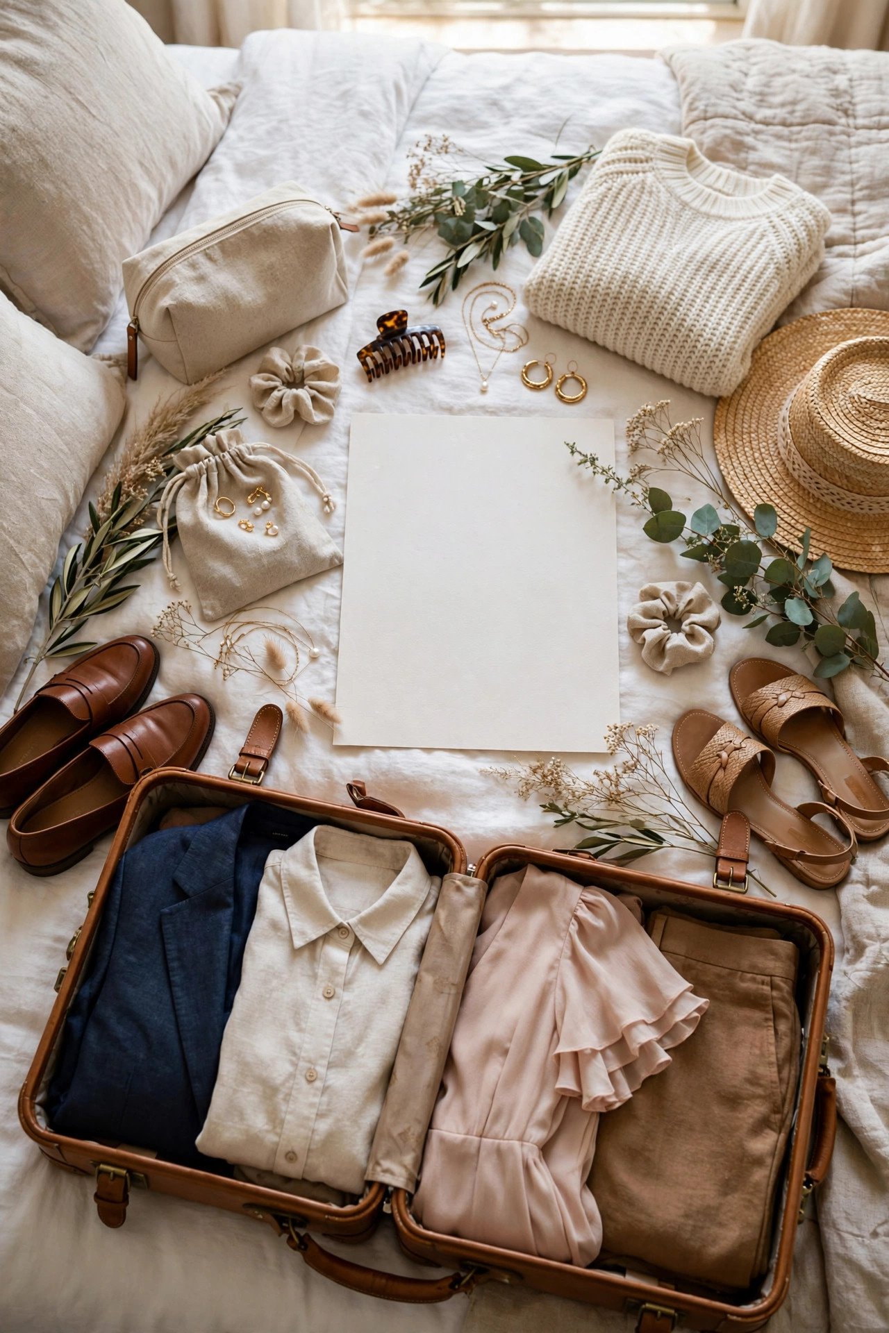 Wedding guest weekend guide with suitcase, outfits and itinerary on a hotel bed