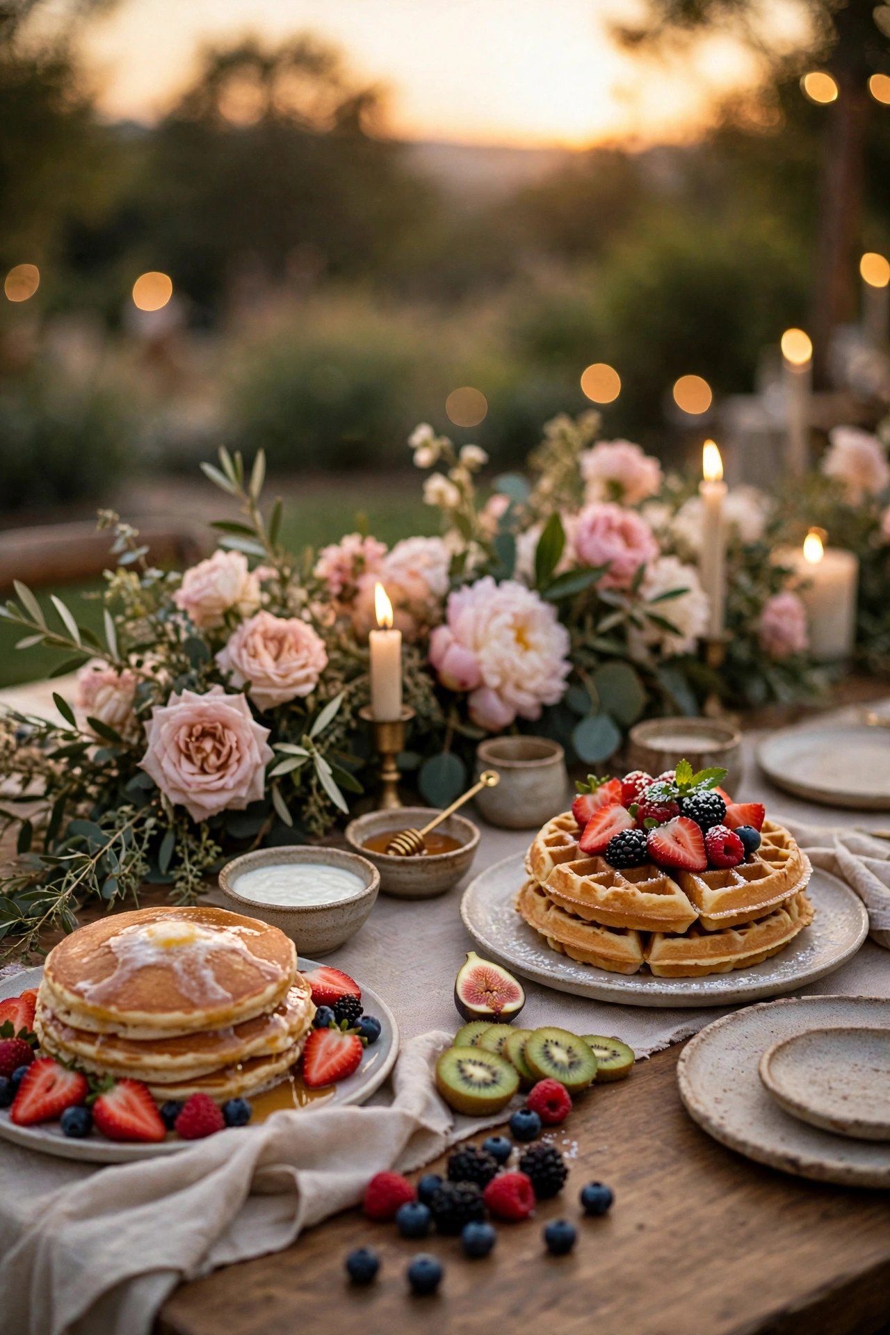 Breakfast-for-Dinner Spread — pancakes at sunset, just because at a wedding weekend celebration