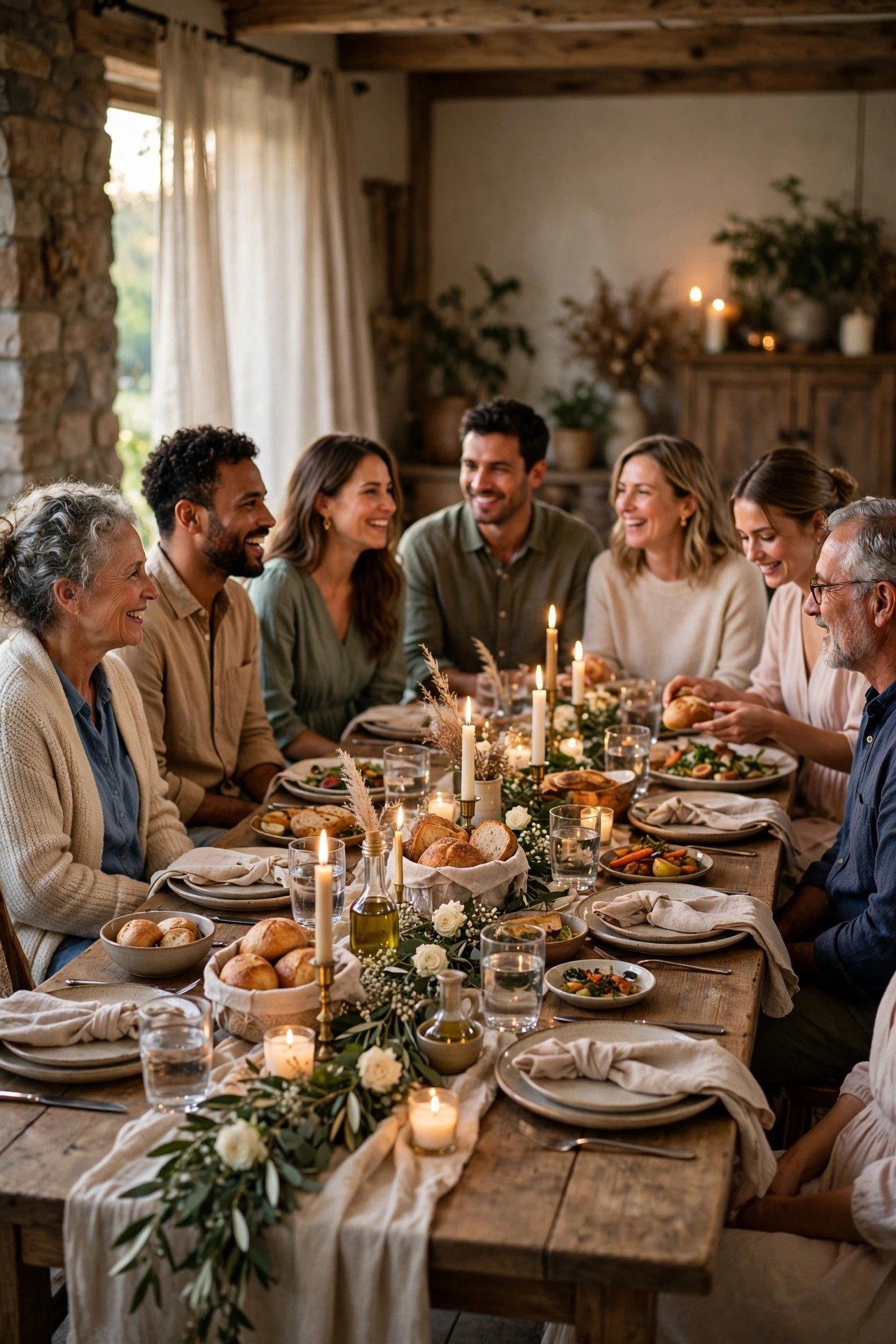 Family and friends sharing a candlelit wedding eve dinner at a long farmhouse table