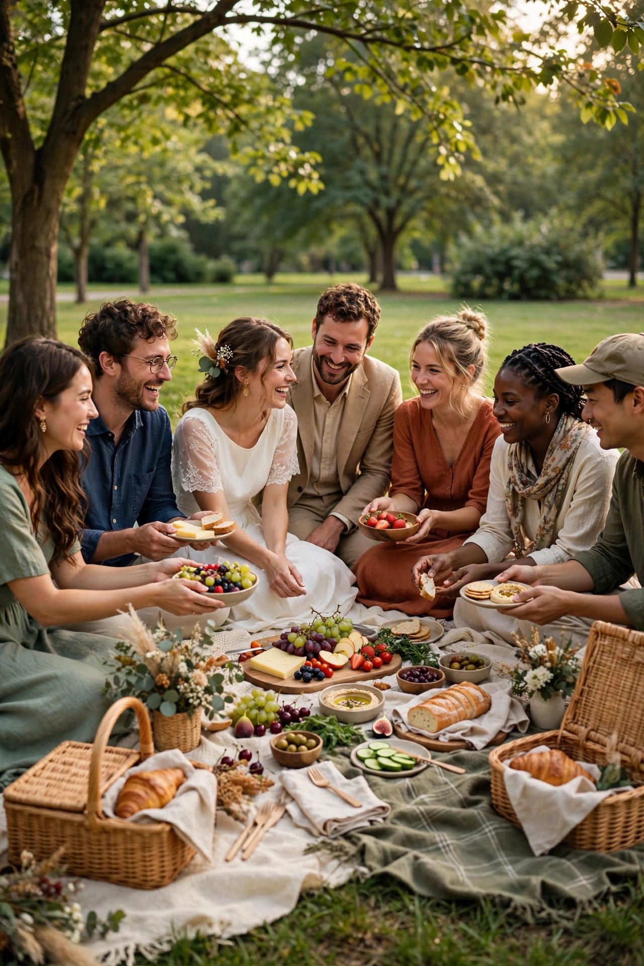 Park Picnic Gathering — blankets, baskets, and open sky at a wedding weekend celebration