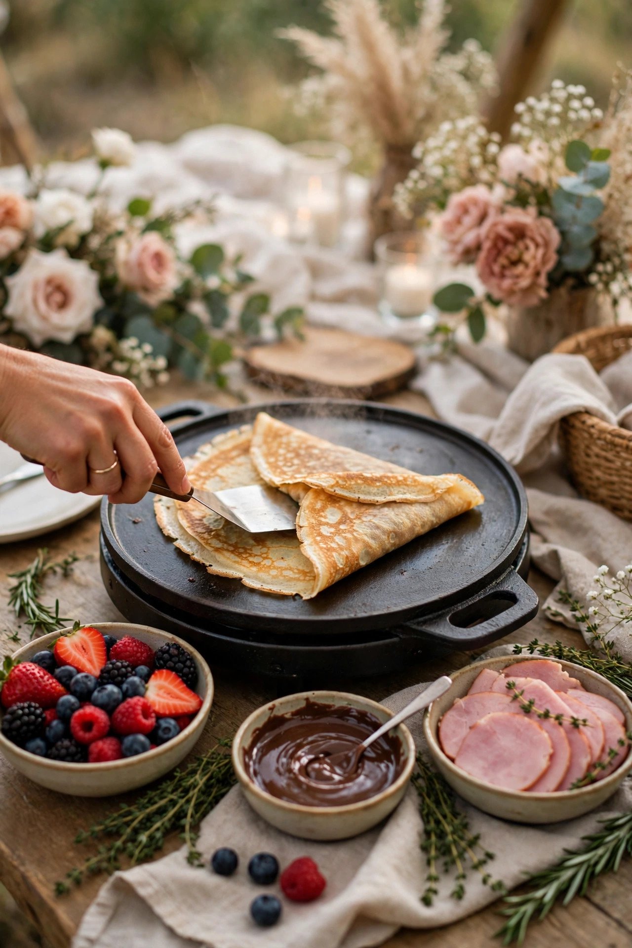 Sweet and Savory Crepe Bar — a little theater with breakfast at a wedding weekend celebration