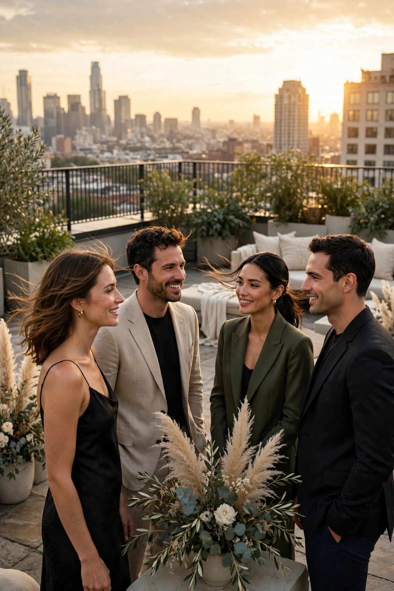 City Rooftop Events: Sleek and Wind-Aware — tailored, secured, skyline-ready at a wedding weekend celebration