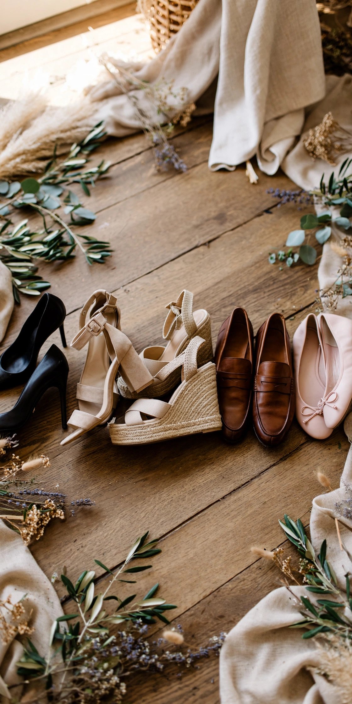 Footwear Cheat Sheet for Guests — one line per surface at a wedding weekend celebration