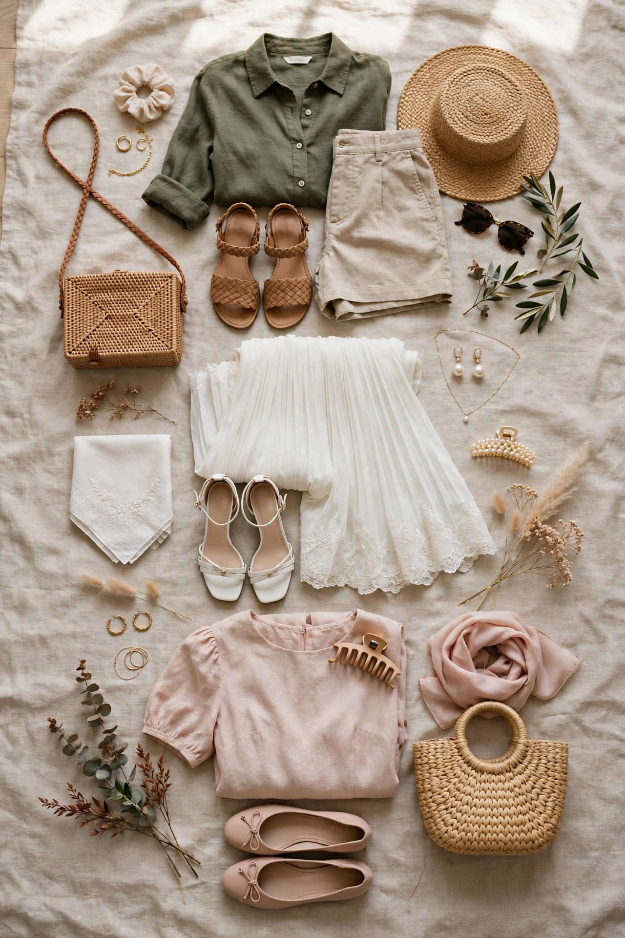 Flat lay of coordinated wedding weekend outfits for welcome party, ceremony and brunch events