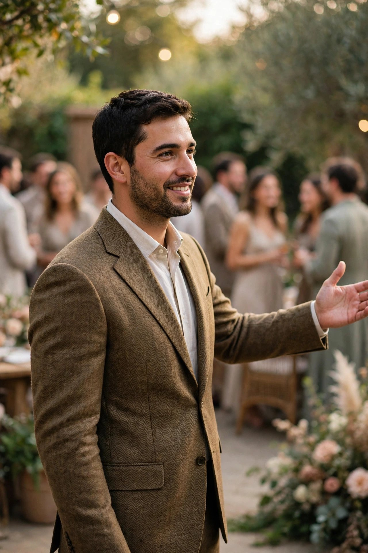 What the Groom Usually Wears — host polish, no tuxedo yet at a wedding weekend celebration