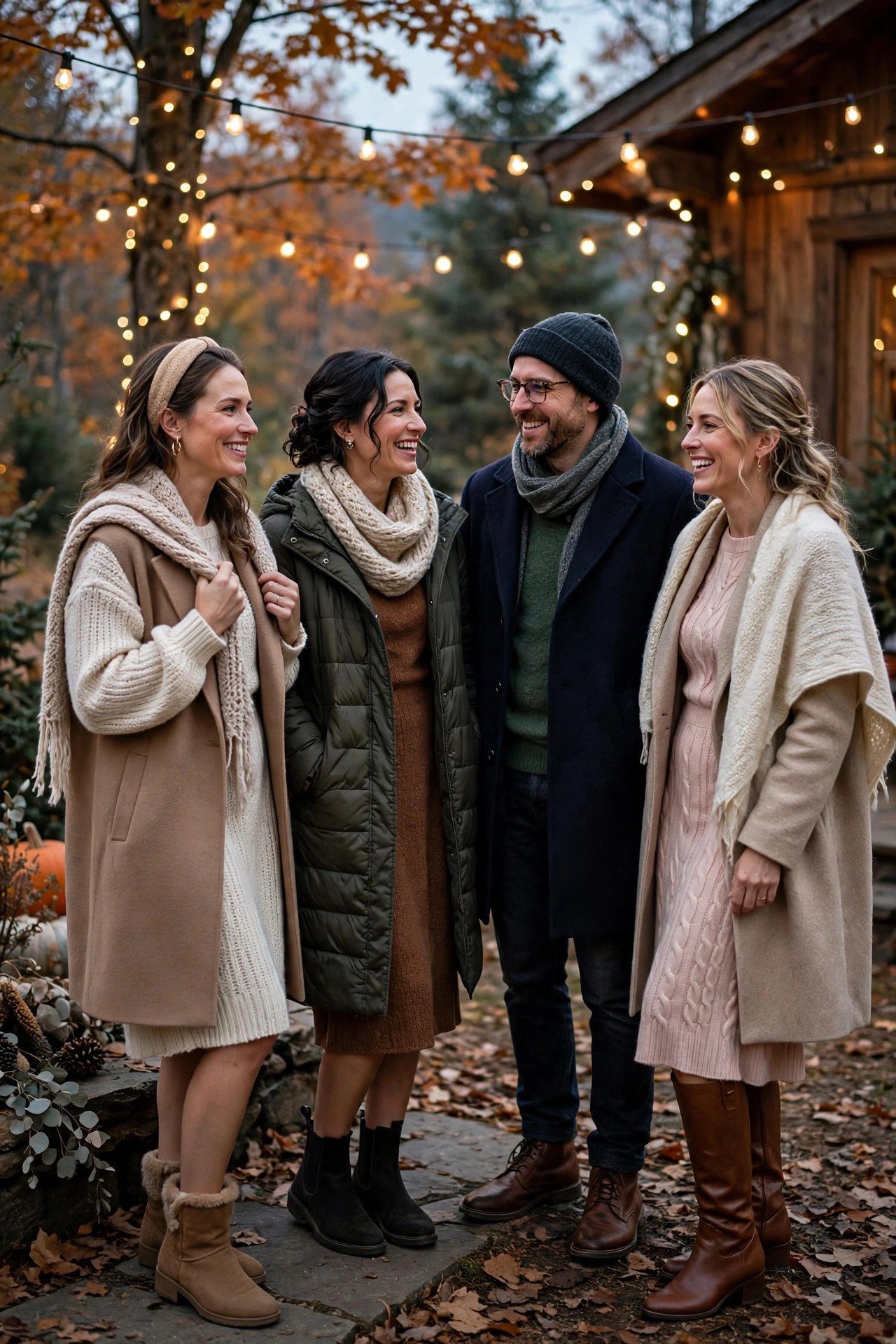 Cold-Climate Welcome Outfits — autumn and northern evenings at a wedding weekend celebration