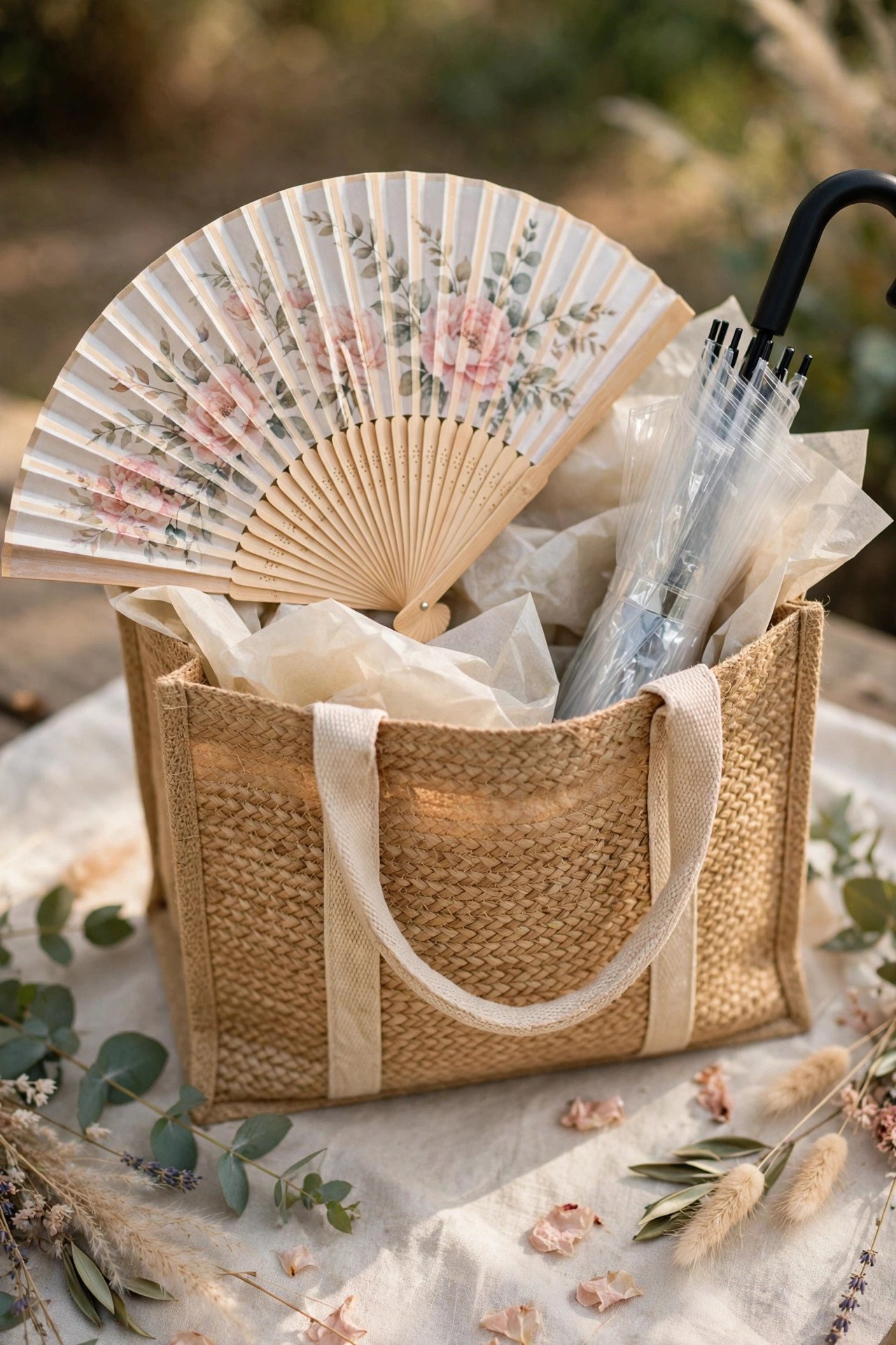 Weather Helper Item — ponchos or fans, as the sky demands at a wedding weekend celebration