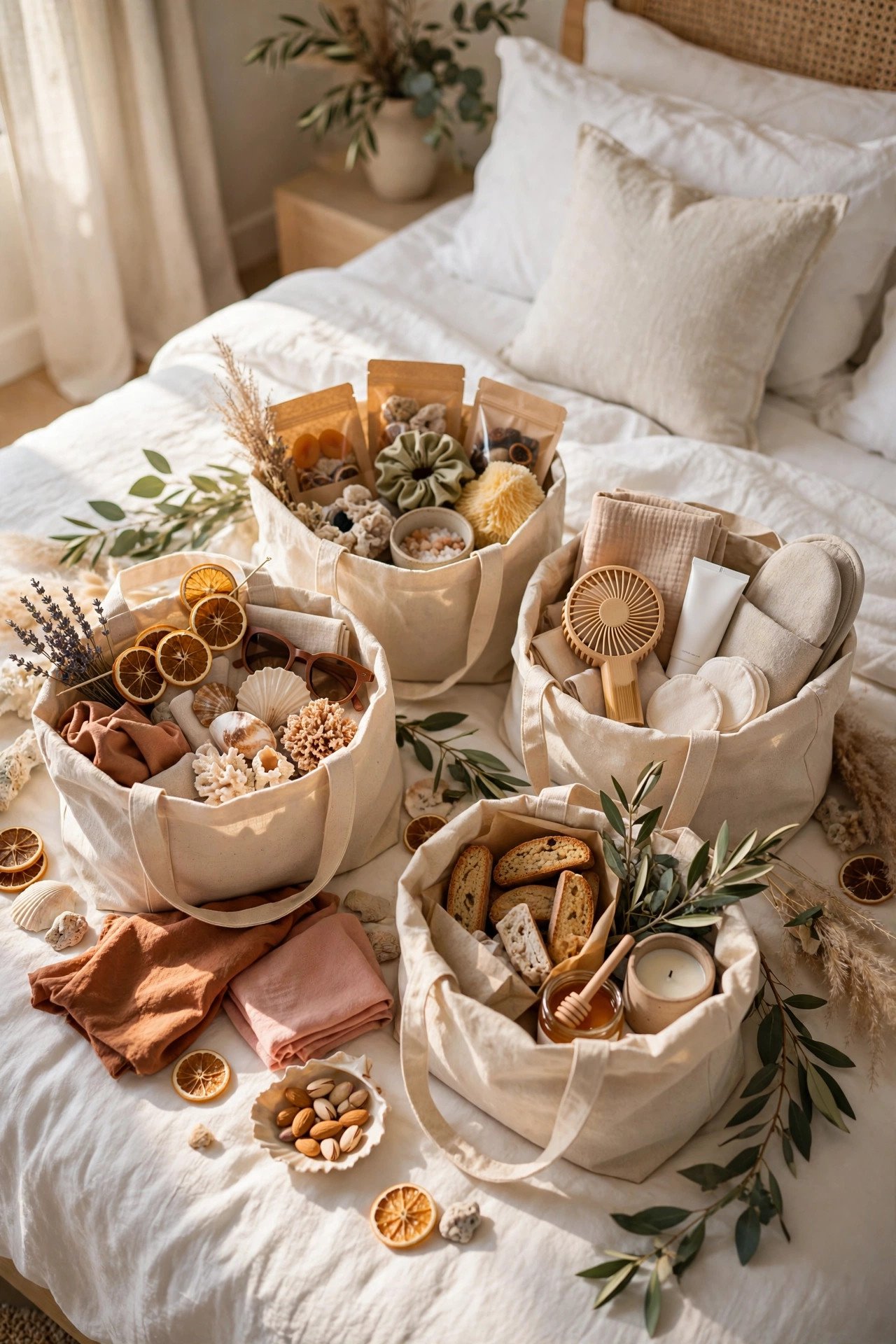 Destination wedding welcome bags filled with local treats, maps and essentials on a hotel bed