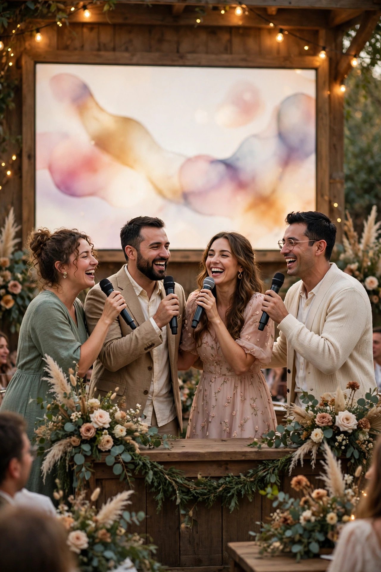 Wedding guests singing karaoke together on a small stage with string lights and a lyric screen