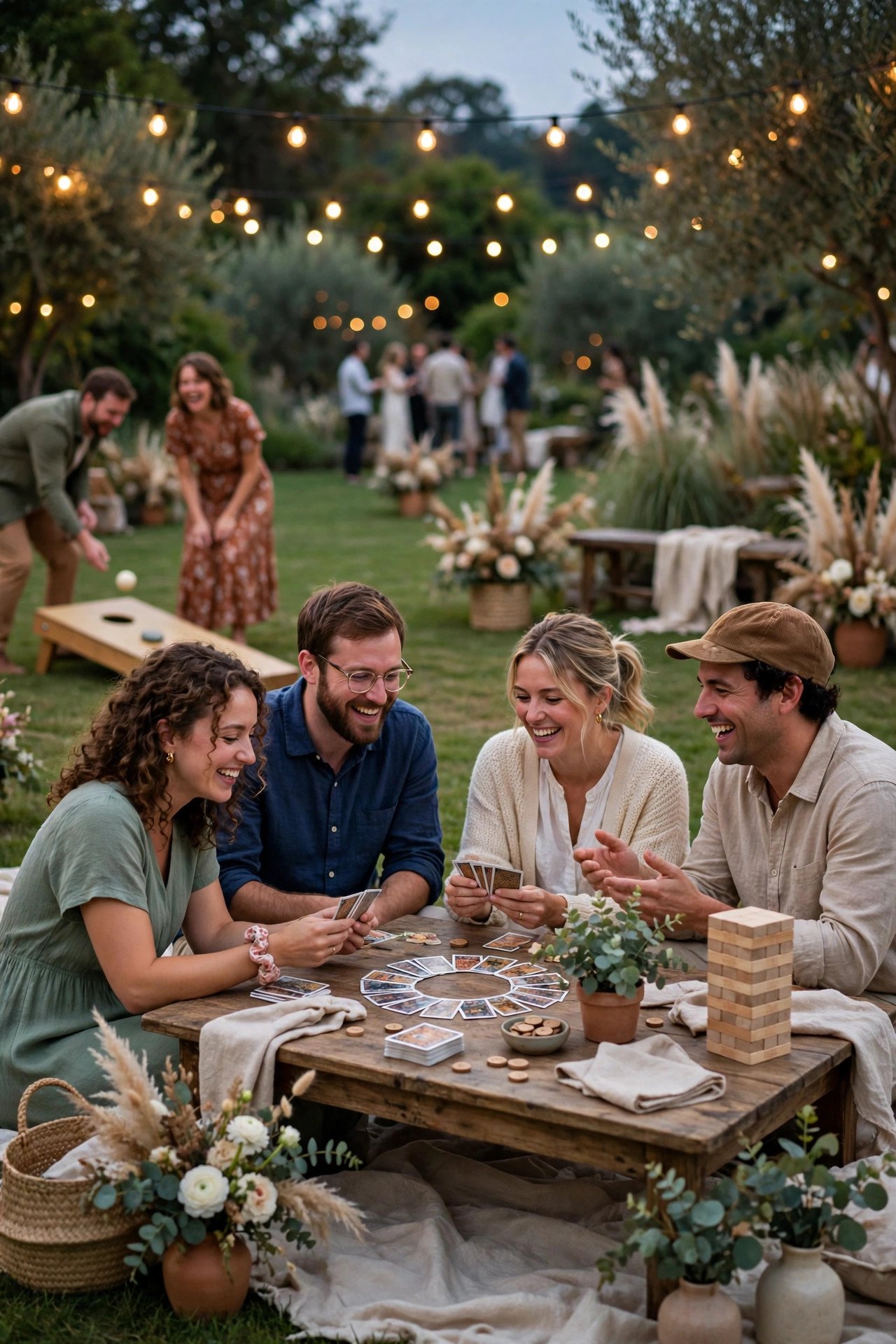 Wedding guests playing lawn games and trivia together at an outdoor wedding weekend game night