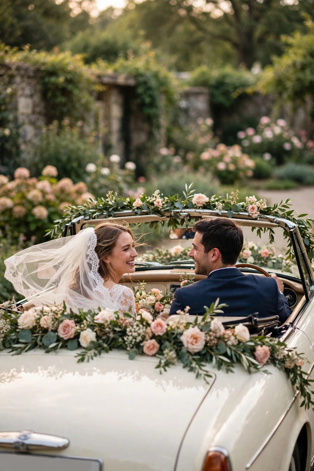 Wedding getaway car idea: Convertible Dressed with a Floral Garland
