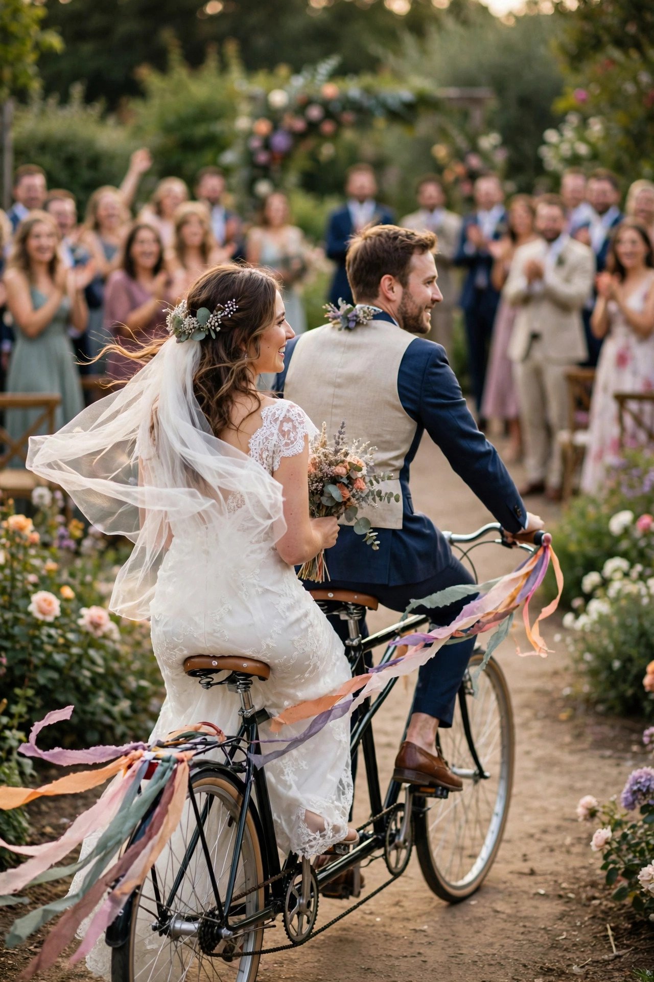 Wedding getaway car idea: Bicycle Exit with Streamers