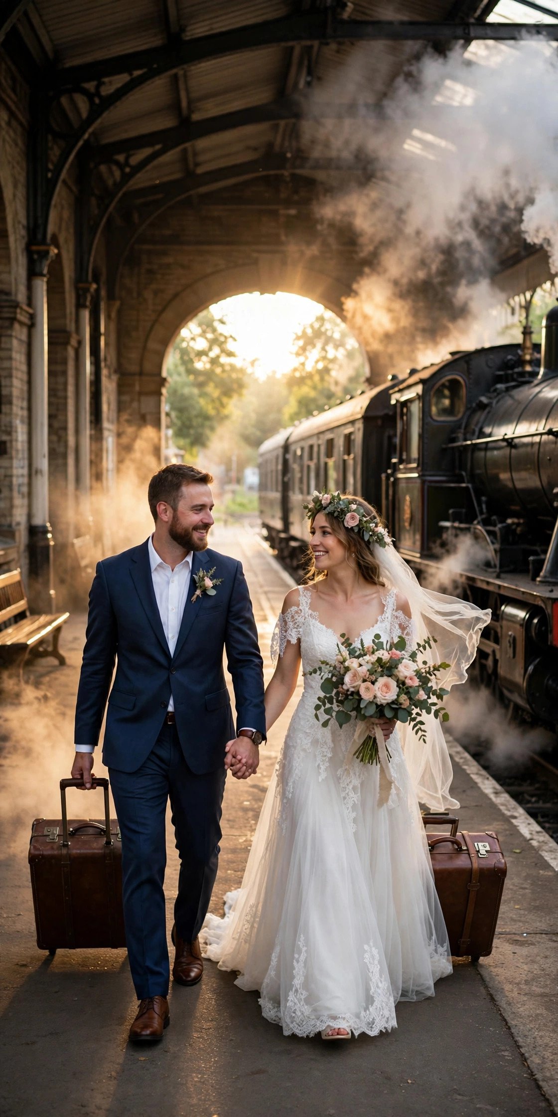 Wedding getaway car idea: Vintage Luggage Train Station Exit