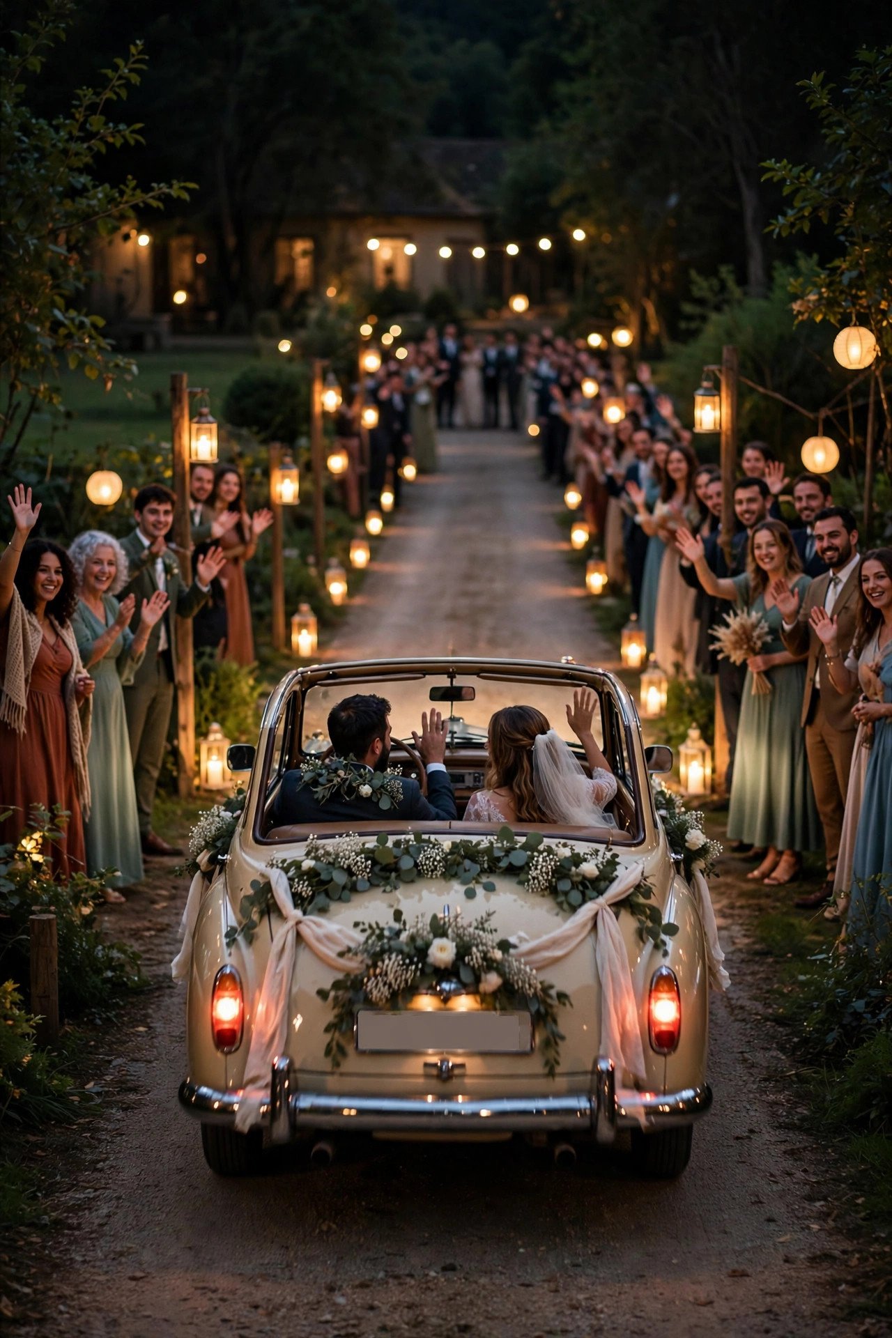 Wedding getaway car idea: Lantern-Lit Driveway Drive-Off