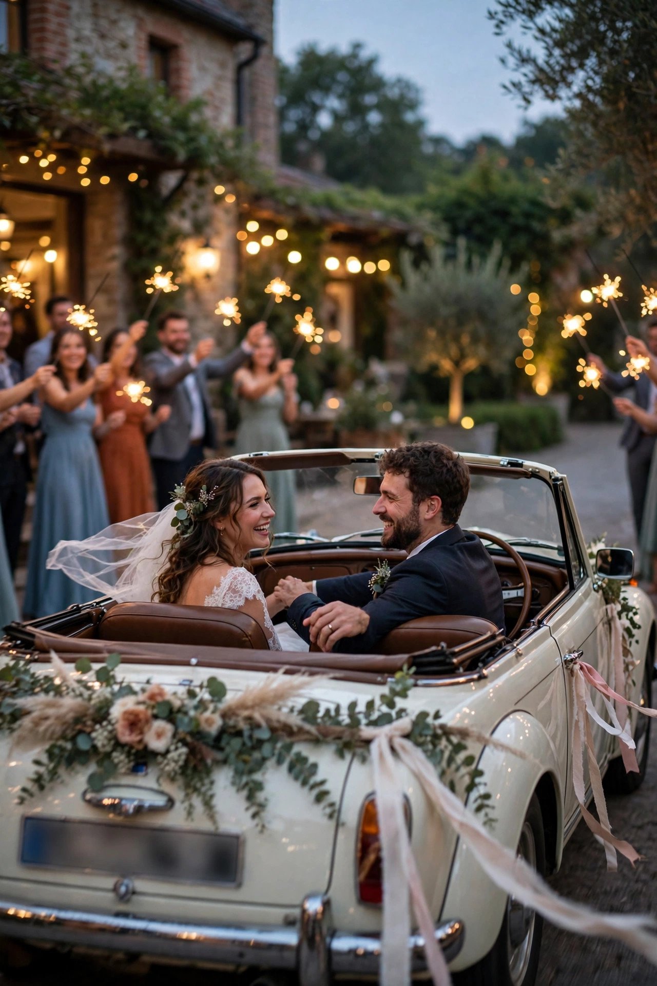 A newlywed couple driving away in a decorated convertible getaway car as guests wave sparklers